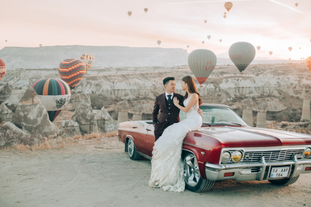 Cappadocia Pre-Wedding Photoshoot Hot Air Balloons Vintage Car Carpet Shop Mountains by Aric on OneThreeOneFour 2