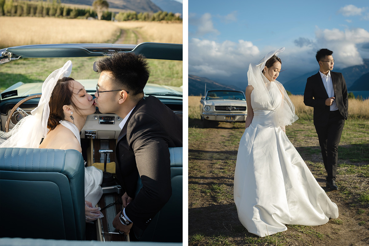 Enchanting Pre-Wedding Photoshoot in Queenstown, New Zealand: Vintage Car, White Horse, and Helicopter amidst Snow-Capped Mountains by Fei on OneThreeOneFour 8