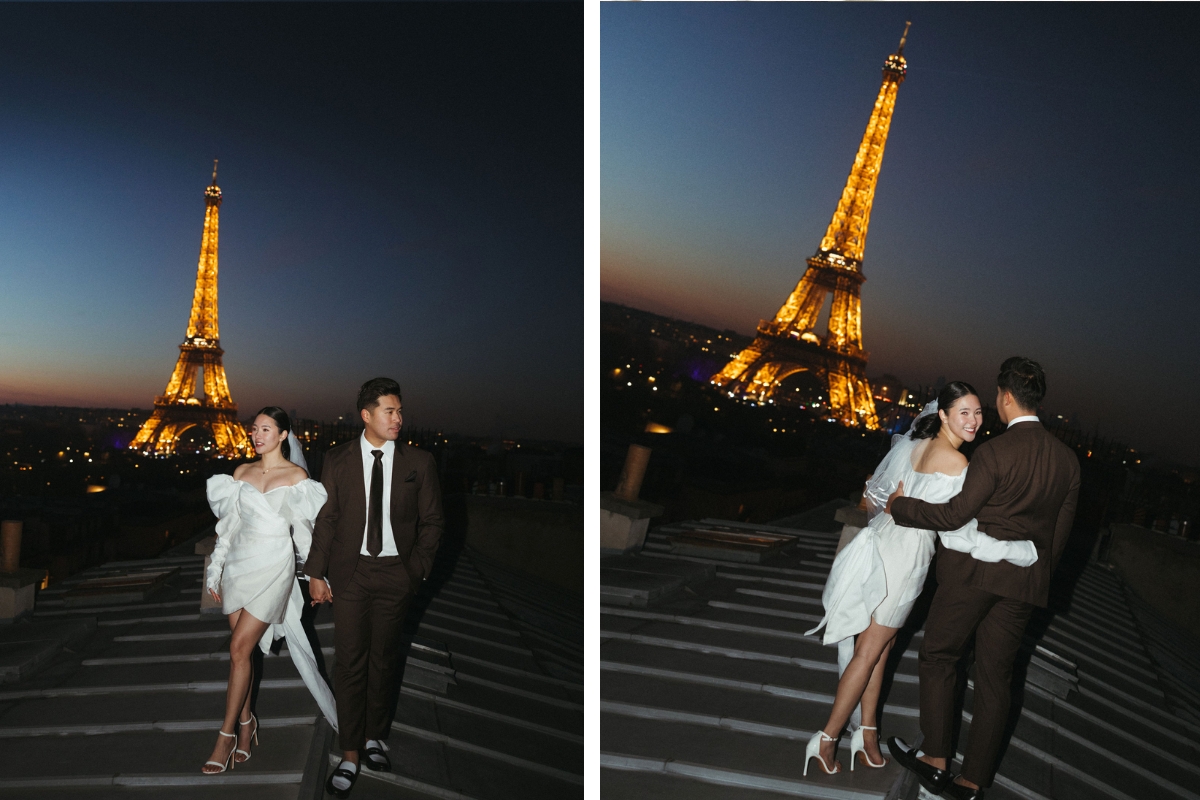 Paris Pre-Wedding Photoshoot with Eiﬀel Tower Louvre Museum Parisian Cafe Vintage Car Rooftop Night  by OneThreeOneFour on OneThreeOneFour 40