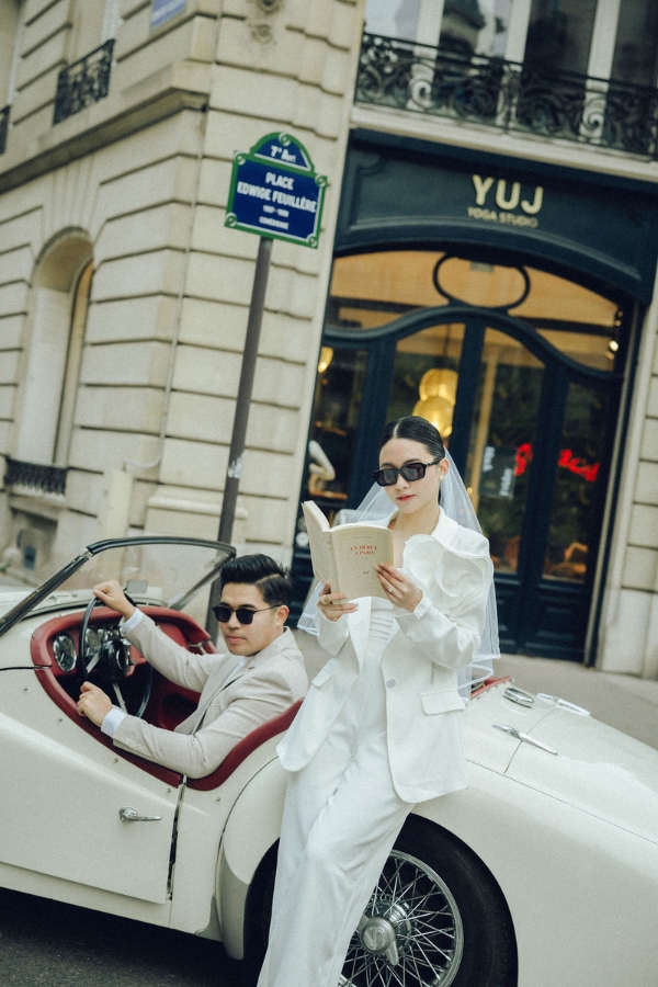 Paris Pre-Wedding Photoshoot with Eiﬀel Tower Louvre Museum Parisian Cafe Vintage Car Rooftop Night  by OneThreeOneFour on OneThreeOneFour 16