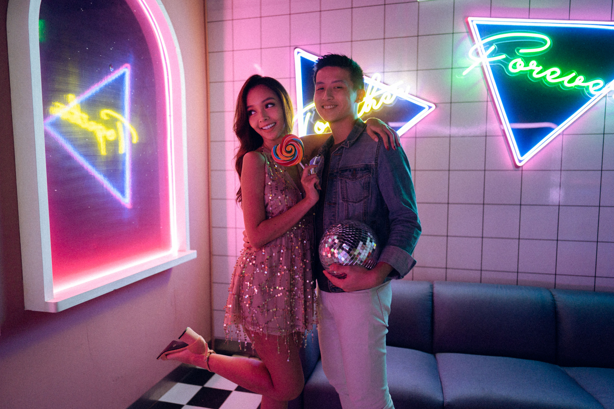 Trippy Disco Themed Casual Couple Photoshoot At A Neon Bar by Samantha on OneThreeOneFour 21