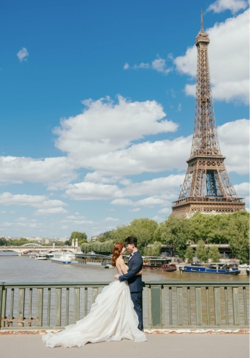 Paris Pre-Wedding Photoshoot with Avenue de Camoens, Port Debily, Bir Hakeim, Tuileries Garden, Louvre Pyramid, Palais Royal, and a Parisian Cafe.