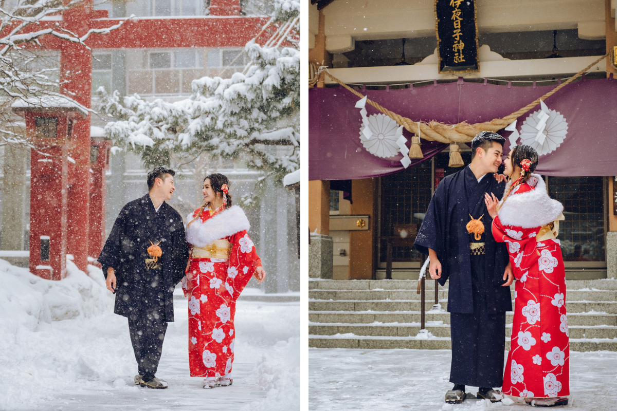 Hokkaido Street Style Kimono Prewedding Photoshoot At Shopping Street And Iyahiko shrine In Winter by Kuma on OneThreeOneFour 24