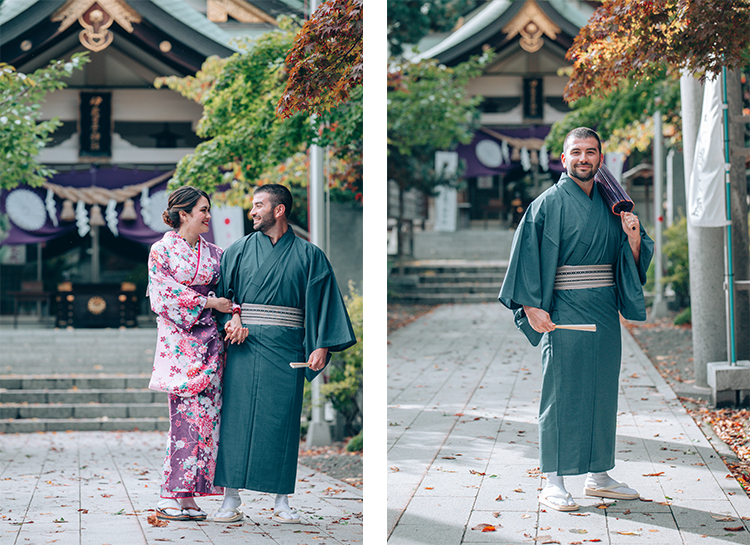 hokkaido kimono wedding photoshoot  Yahiko Shrine autumn