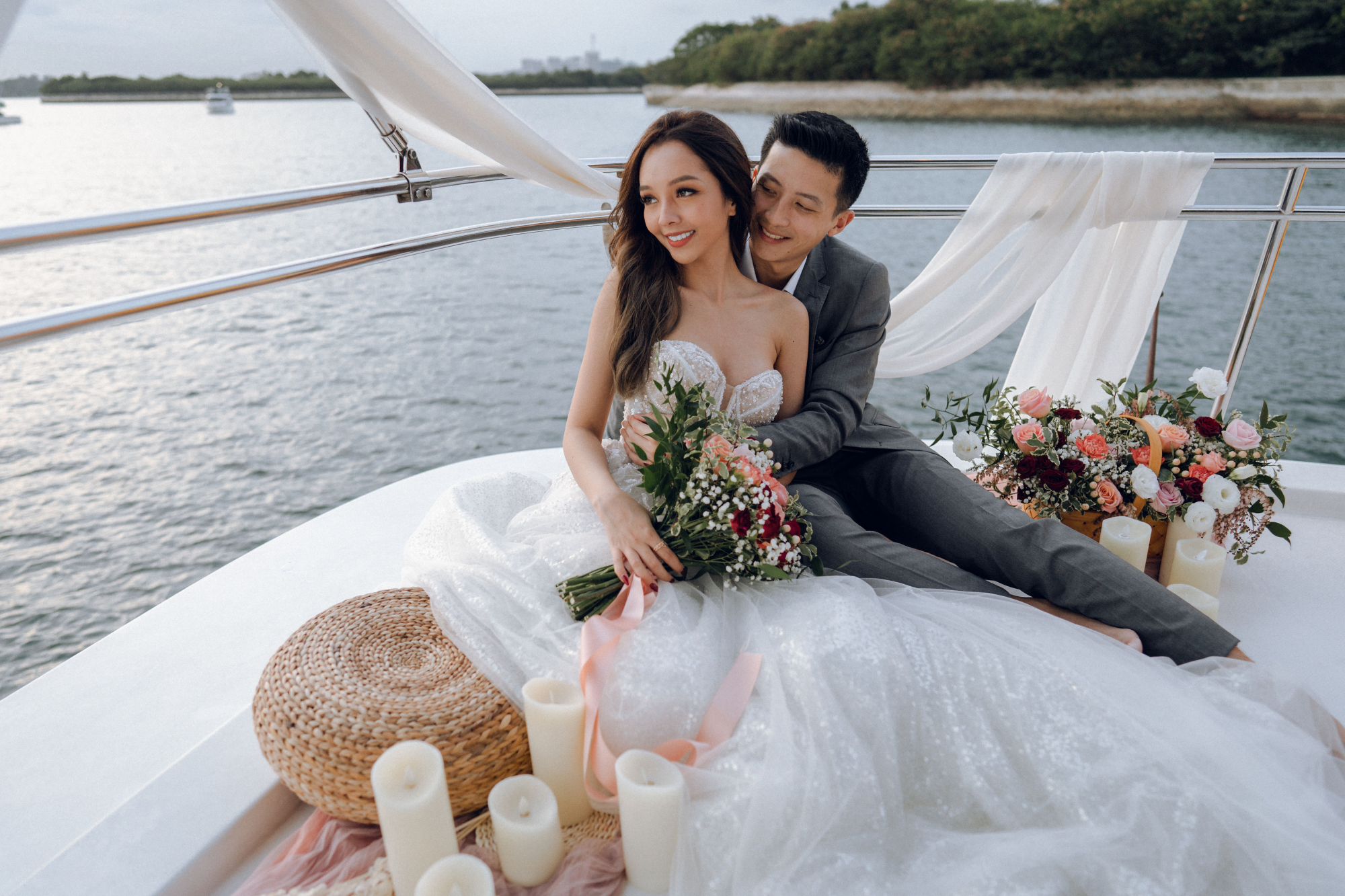 Sunset Prewedding Photoshoot On A Yacht With Romantic Floral Styling by Samantha on OneThreeOneFour 22