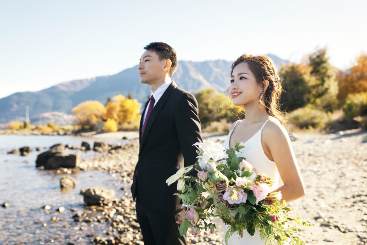 New Zealand Autumn Golden Foliage Peak Pebbled Lake Pre-Wedding Photoshoot  by Fei on OneThreeOneFour 17