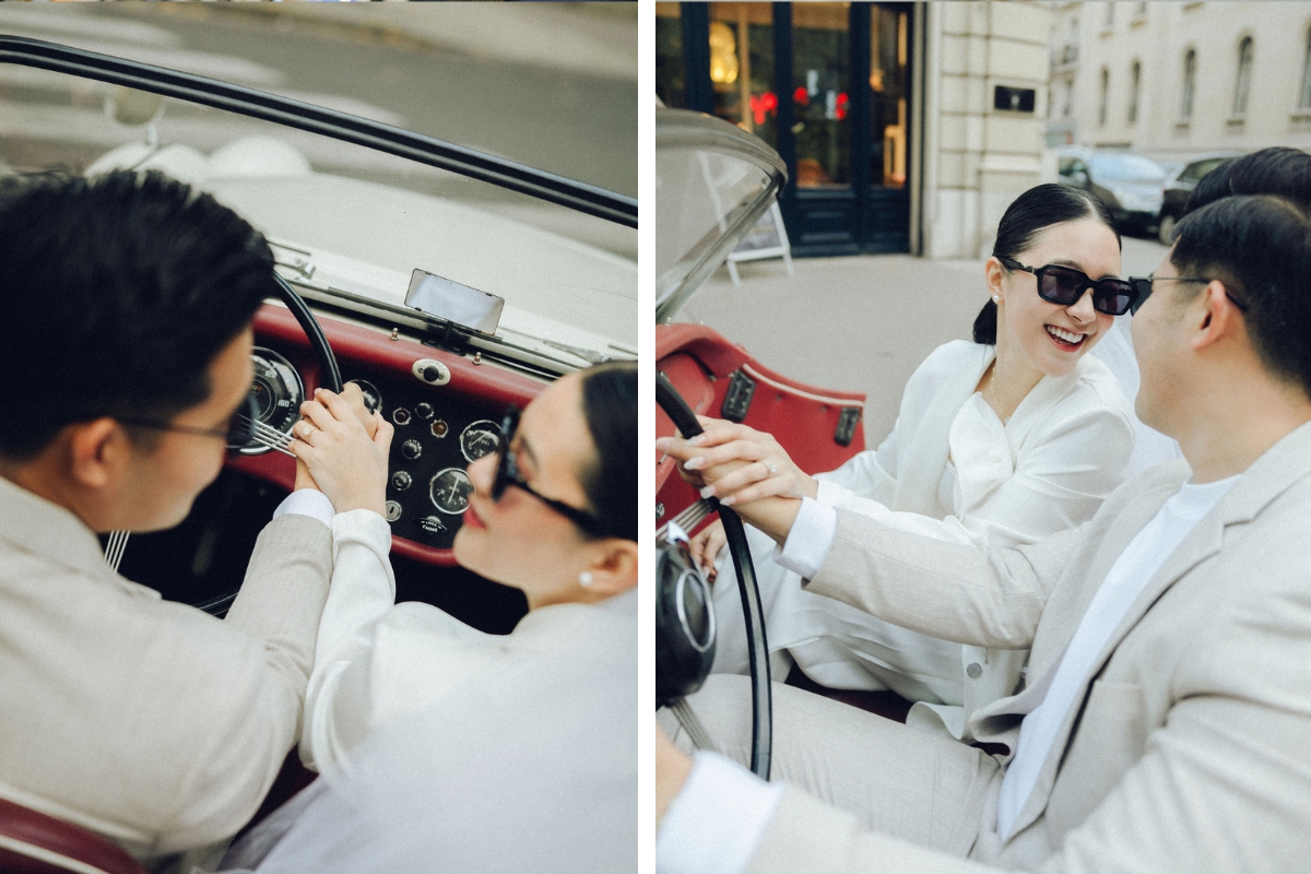 Paris Pre-Wedding Photoshoot with Eiﬀel Tower Louvre Museum Parisian Cafe Vintage Car Rooftop Night  by OneThreeOneFour on OneThreeOneFour 14