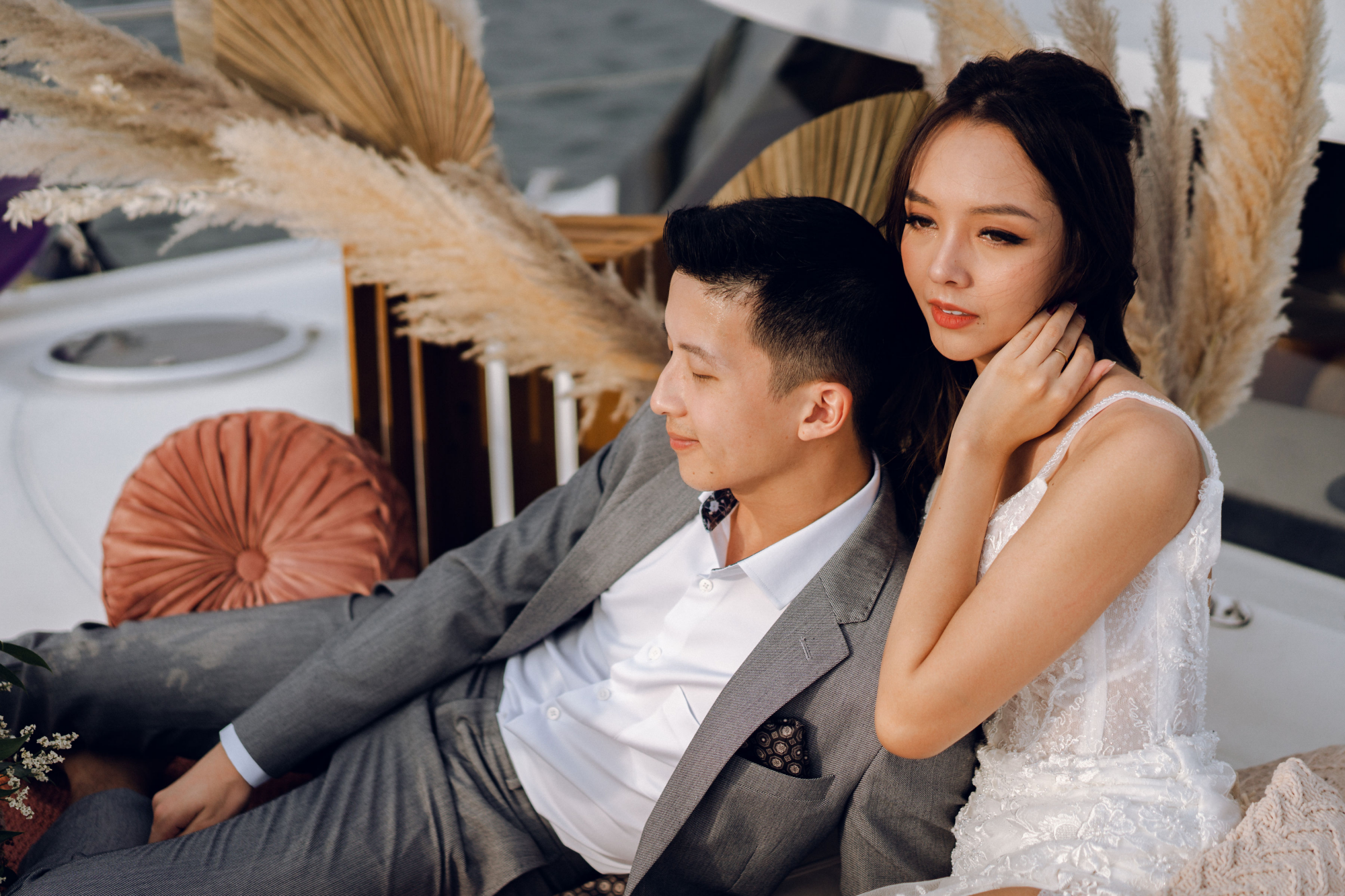Sunset Prewedding Photoshoot On A Yacht With Romantic Floral Styling by Samantha on OneThreeOneFour 8