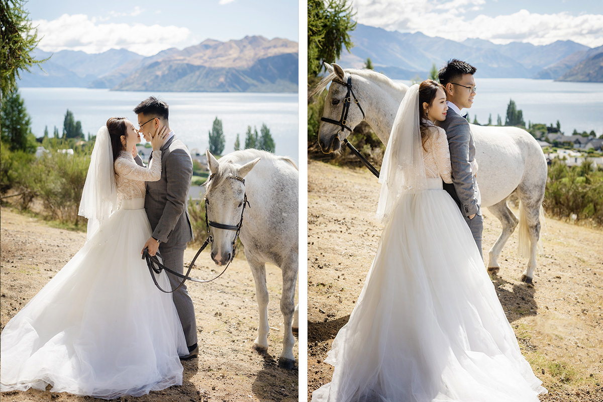 Enchanting Pre-Wedding Photoshoot in Queenstown, New Zealand: Vintage Car, White Horse, and Helicopter amidst Snow-Capped Mountains by Fei on OneThreeOneFour 1
