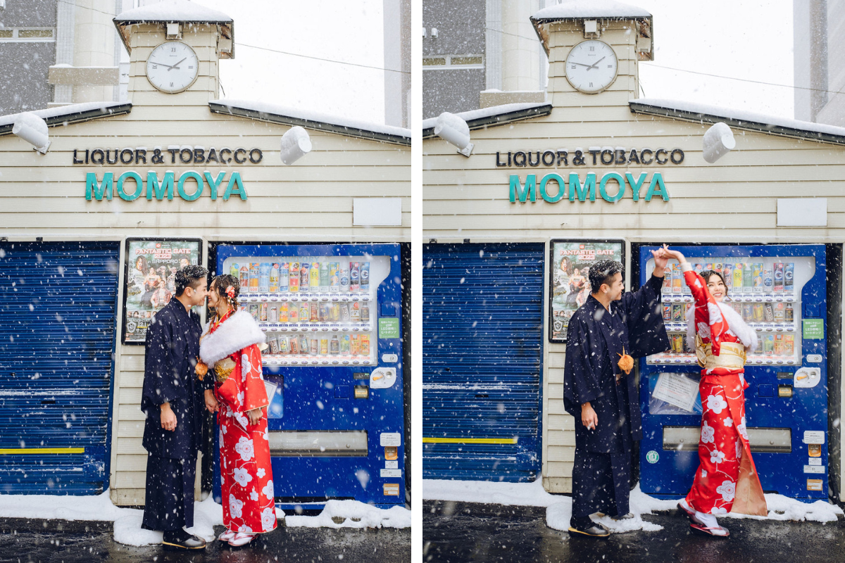 Hokkaido Street Style Kimono Prewedding Photoshoot At Shopping Street And Iyahiko shrine In Winter by Kuma on OneThreeOneFour 14