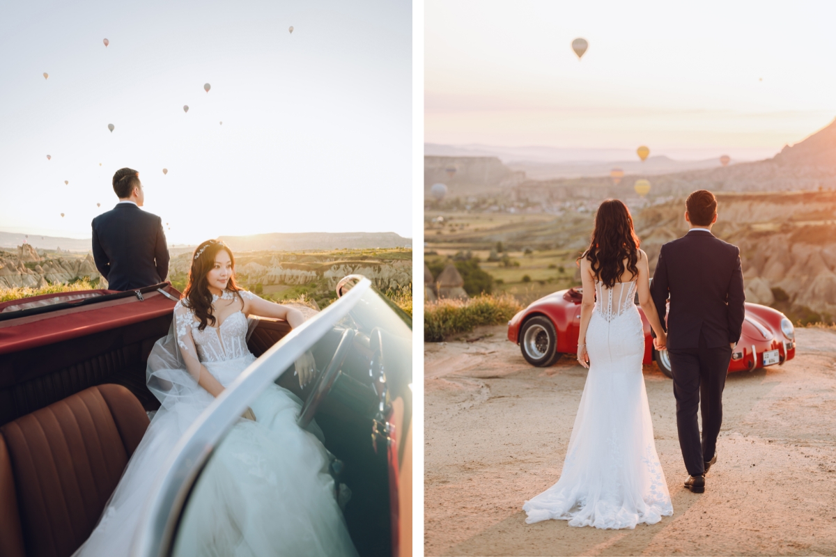 Cappadocia Pre-Wedding Photoshoot Hot Air Balloons Red Convertible Cave Hotel Roof Turkish Fairy Lamps Salt Lake by Aric on OneThreeOneFour 3