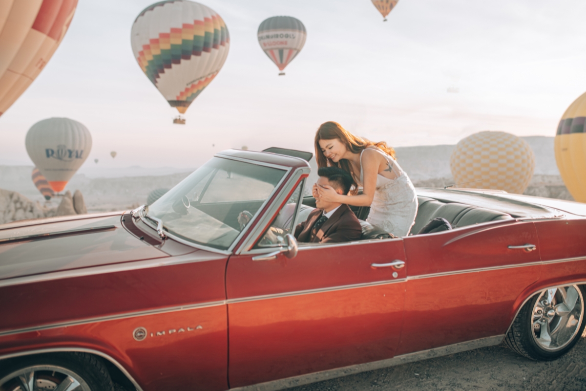 Cappadocia Pre-Wedding Photoshoot Hot Air Balloons Vintage Car Carpet Shop Mountains by Aric on OneThreeOneFour 4