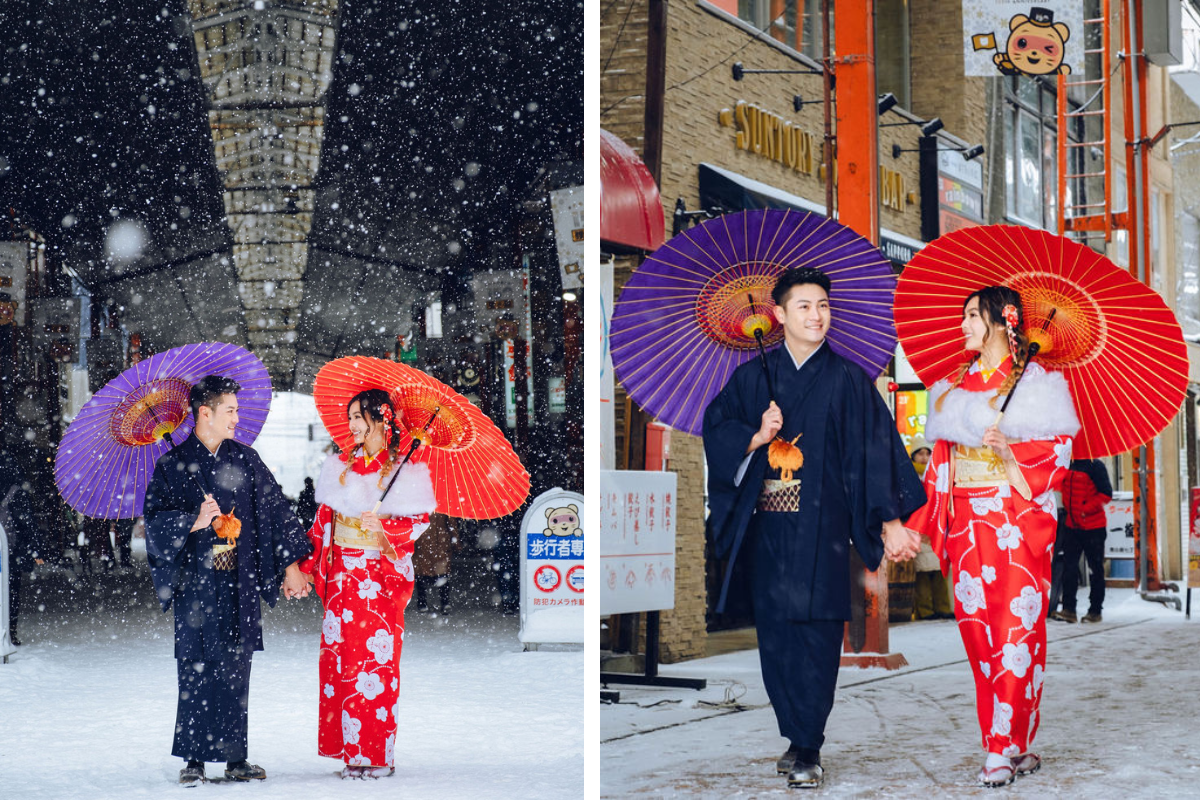 Hokkaido Street Style Kimono Prewedding Photoshoot At Shopping Street And Iyahiko shrine In Winter by Kuma on OneThreeOneFour 11