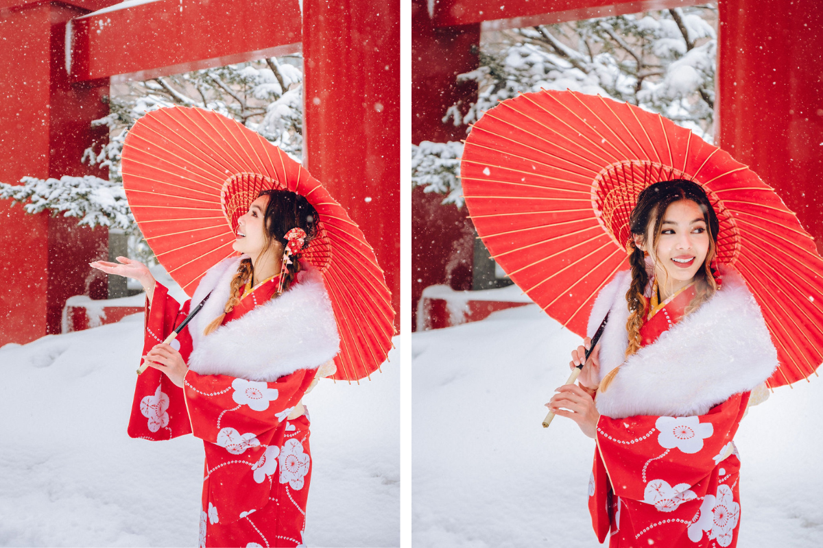 Hokkaido Street Style Kimono Prewedding Photoshoot At Shopping Street And Iyahiko shrine In Winter by Kuma on OneThreeOneFour 21