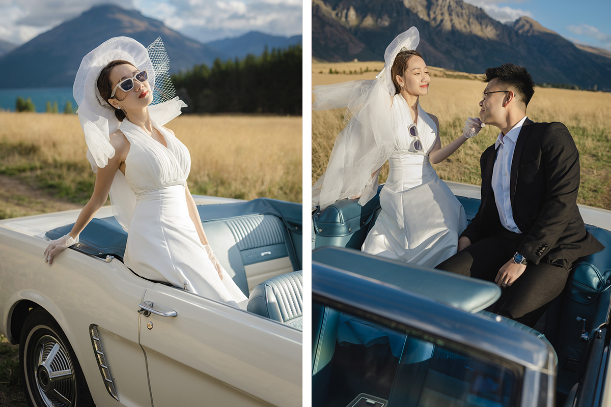 Enchanting Pre-Wedding Photoshoot in Queenstown, New Zealand: Vintage Car, White Horse, and Helicopter amidst Snow-Capped Mountains by Fei on OneThreeOneFour 6