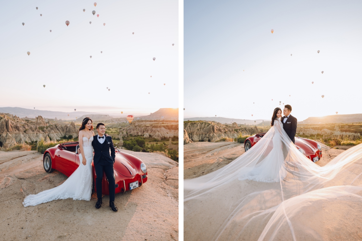 Cappadocia Pre-Wedding Photoshoot Hot Air Balloons Red Convertible Cave Hotel Roof Turkish Fairy Lamps Salt Lake by Aric on OneThreeOneFour 1