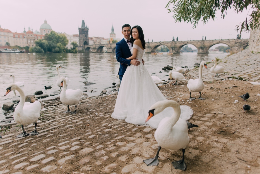 Prague Czech Republic Adventurous prewedding photography with swans, mechanical clock, at Old Town Hall by Nika on OneThreeOneFour 25