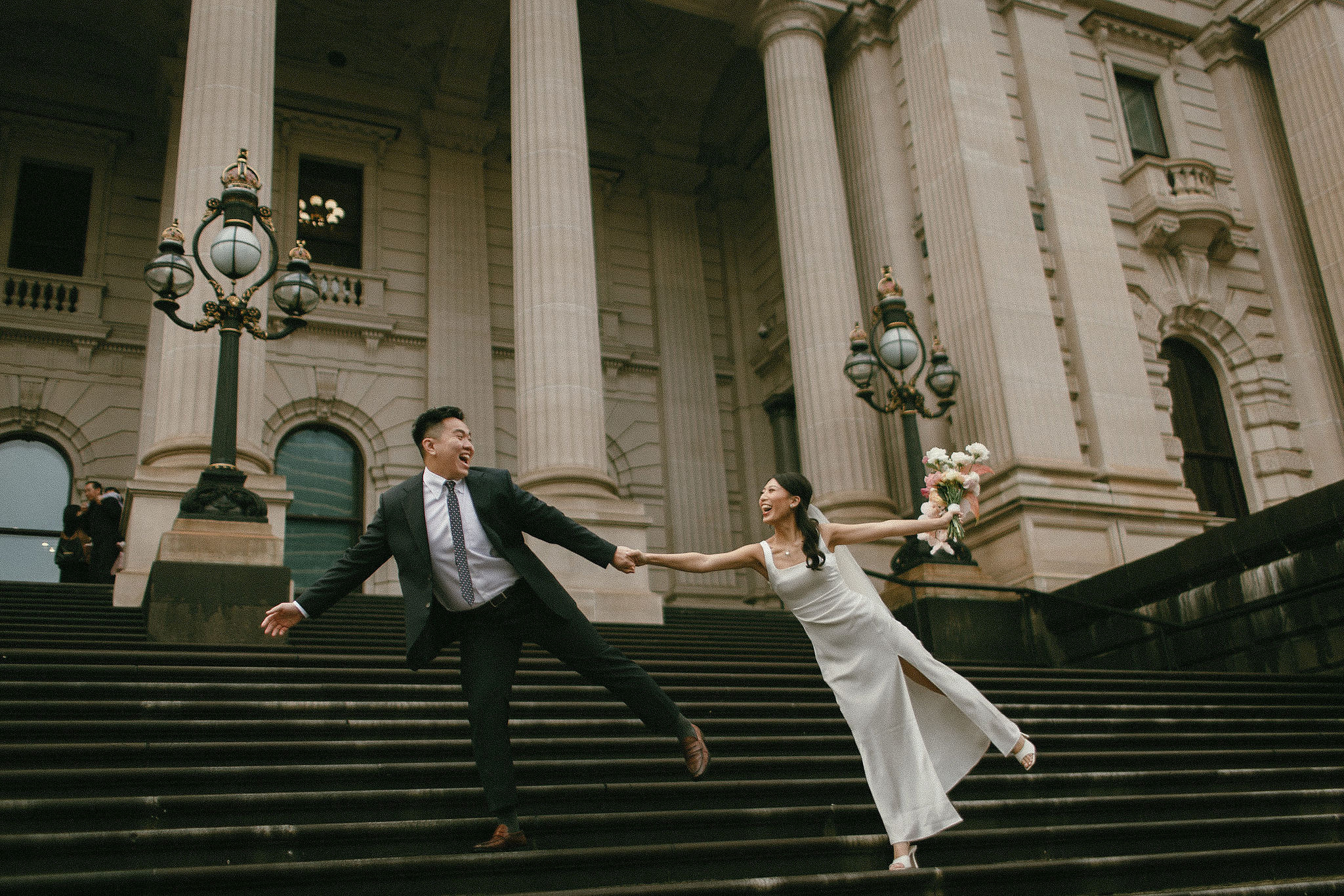 Melbourne Pre-Wedding Photoshoot | Parliament House, Fitzroy Gardens, Melbourne Streets & Half Moon Bay at Parliament House pre-wedding photo