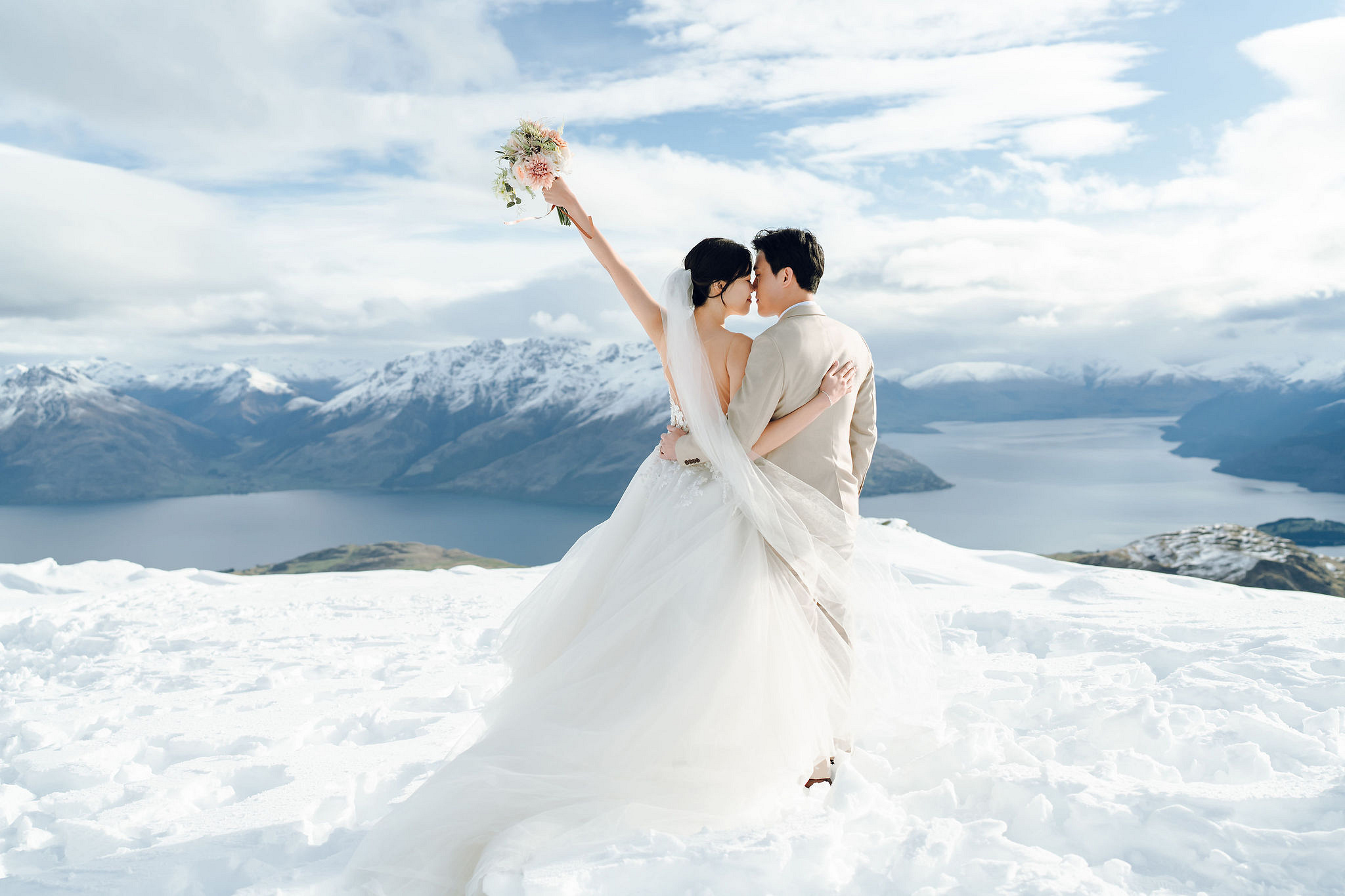 New Zealand Pre-Wedding Photoshoot | Cherry Blossoms, Coromandel Peak & Lake Wakatipu at Coromandel Peak pre-wedding photo