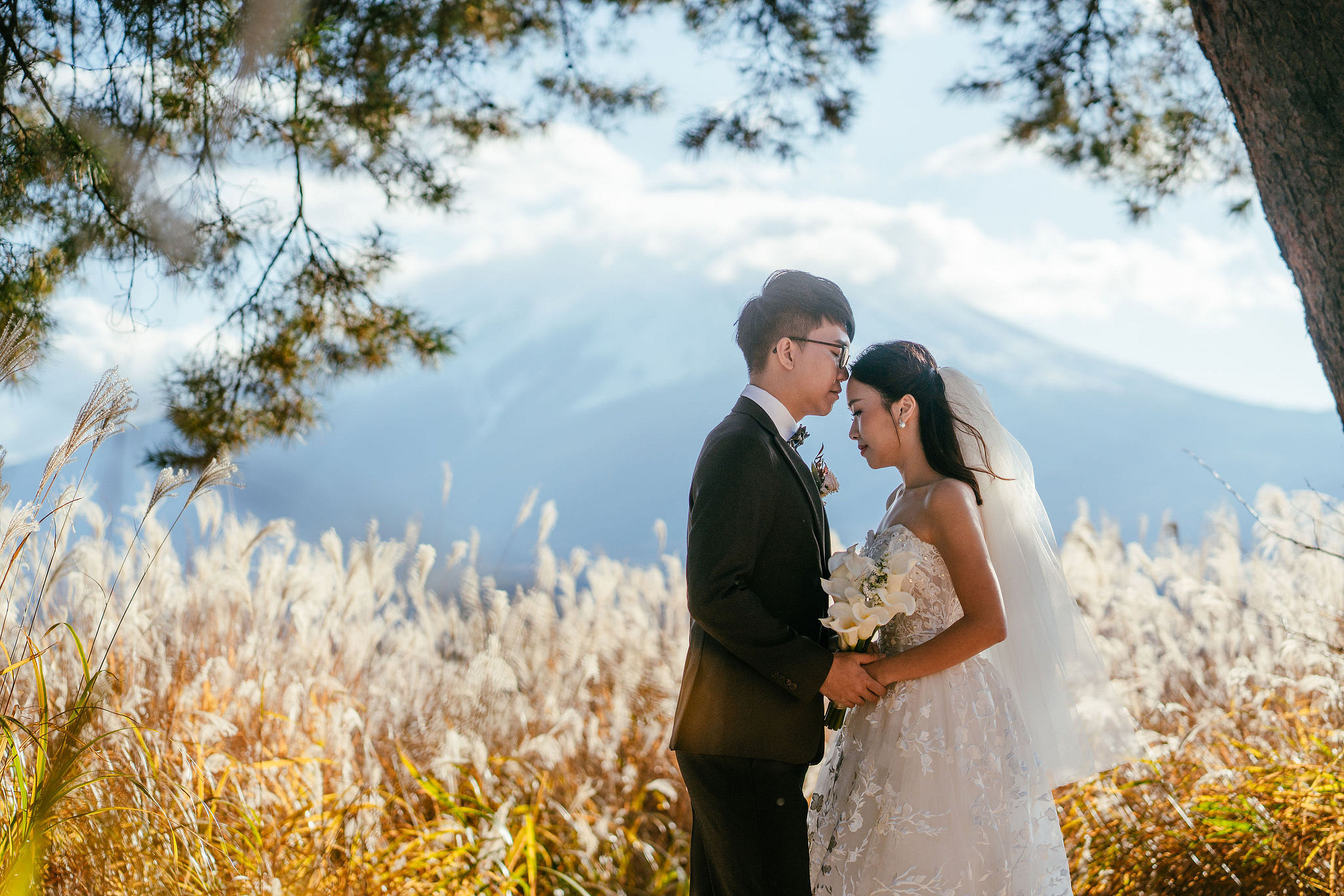 Tokyo & Mt Fuji Pre-Wedding Photoshoot | Asakusa Temple, Maple Corridor, Susuki Fields & Lake Kawaguchiko at Suzuki Fields pre-wedding photo