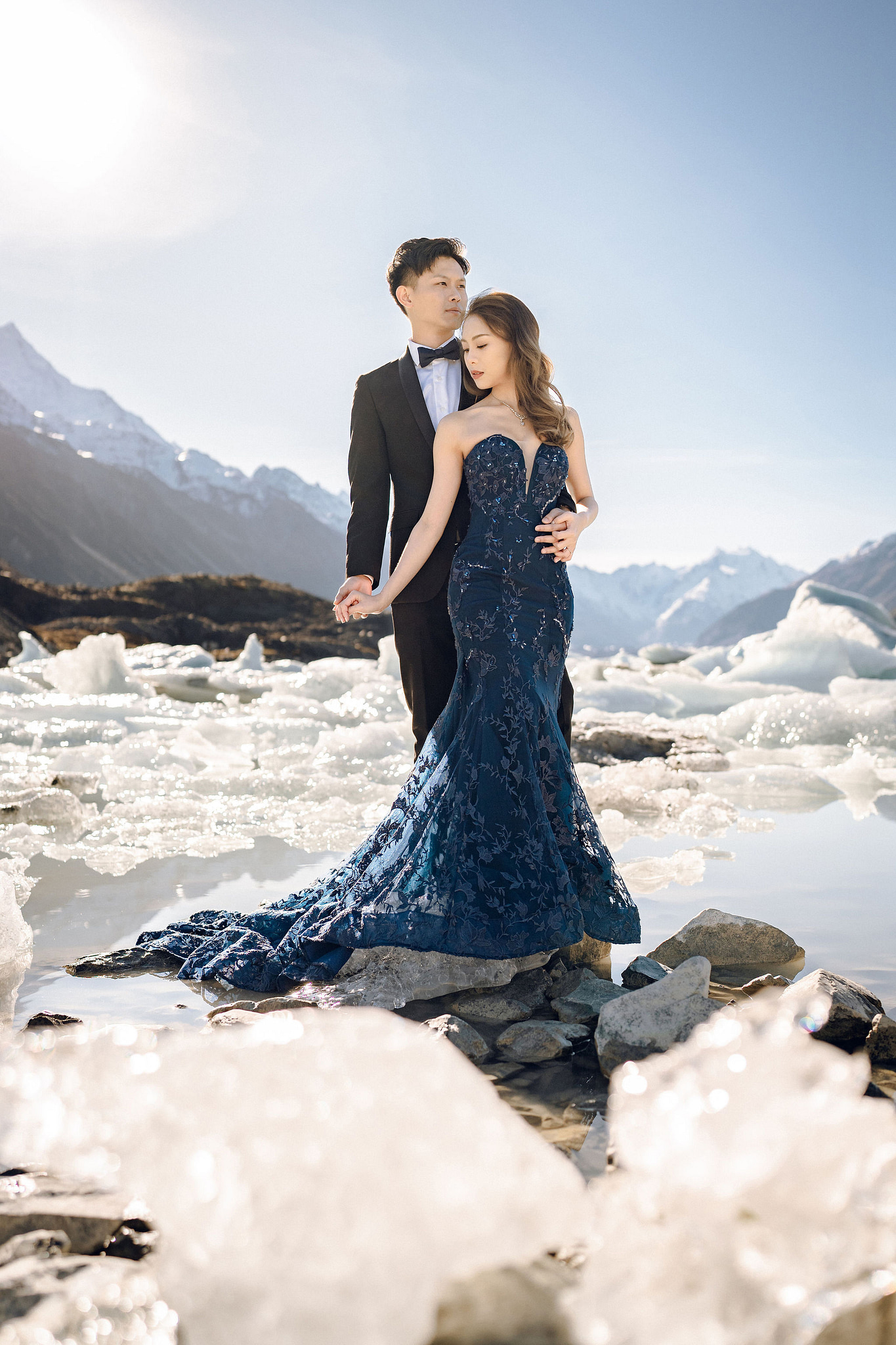New Zealand Pre-Wedding Photoshoot | Alpaca Farm, Mt John, Lake Tekapo, Mount Cook National Park, Glacier Lake & Omarama Clay Cliffs at Lake Tekapo, Mount Cook National Park & Glacier Lake pre-wedding photo