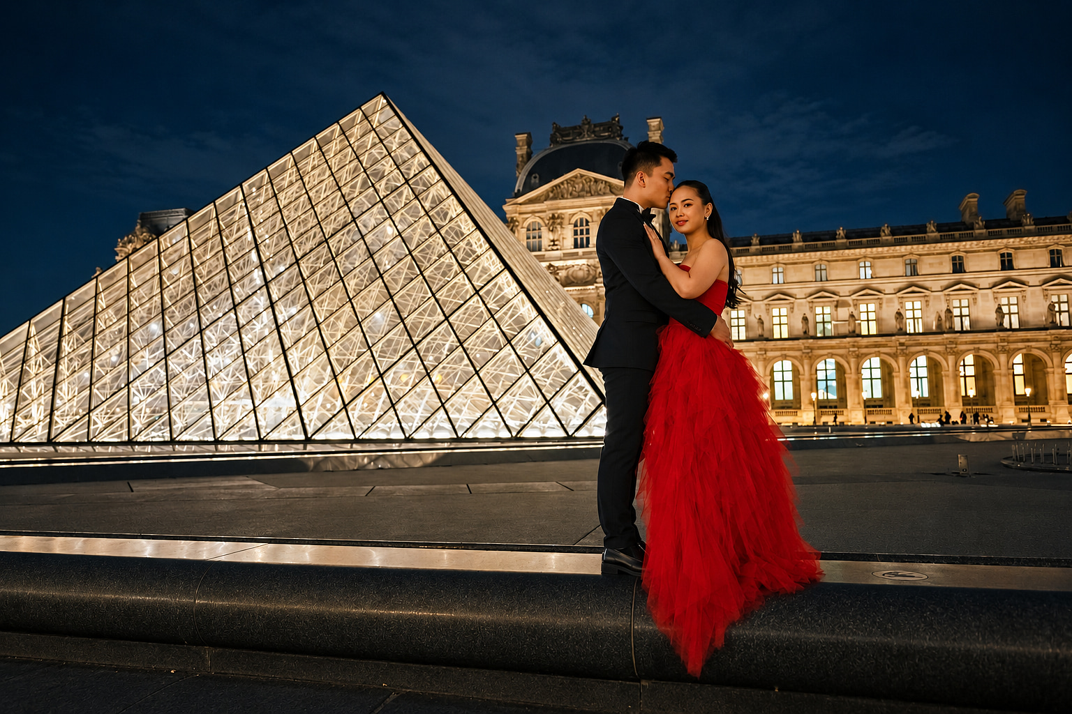 Paris Pre-Wedding Photoshoot | Trocadéro, Vintage Car, Parisian Café, Paris Rooftop & Louvre at Louvre pre-wedding photo