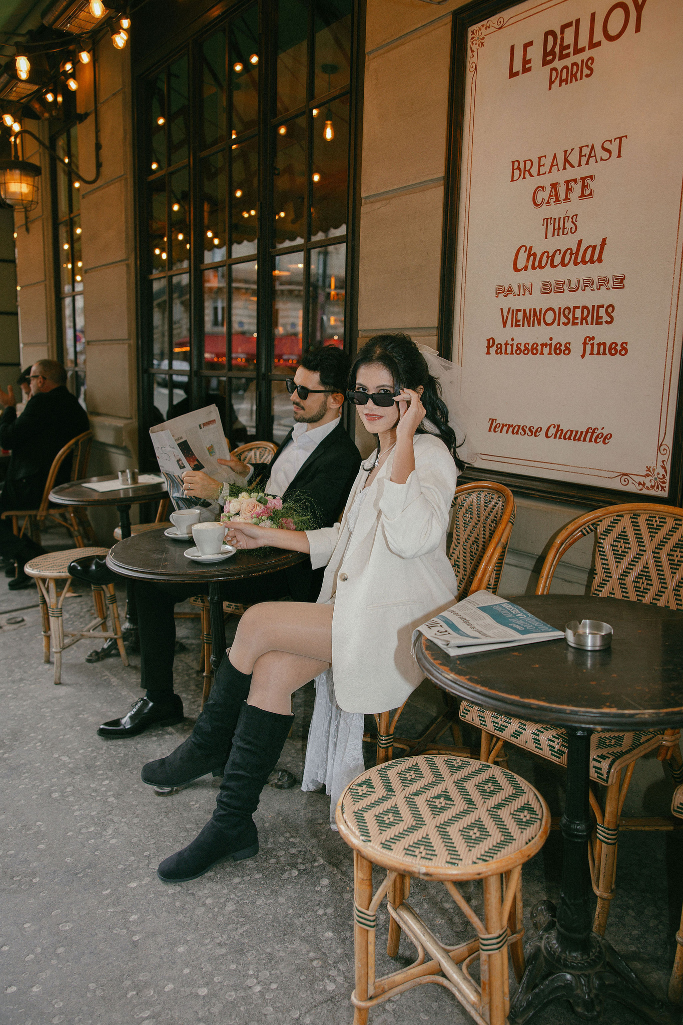 Paris Pre-Wedding Photoshoot | Place du Trocadéro, Avenue de Camoëns, Parisian Café, Tuileries Garden & Louvre at Parisian Café pre-wedding photo
