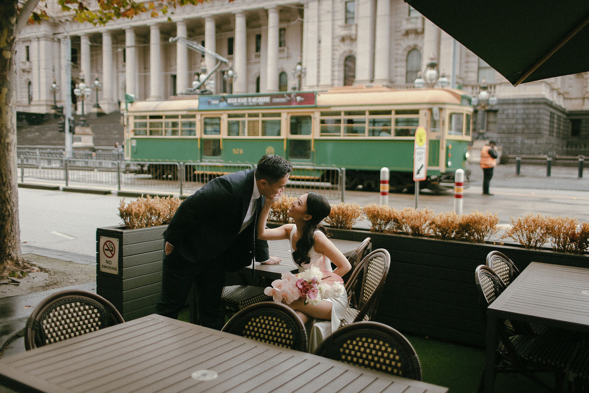Melbourne Pre-Wedding Photoshoot | Parliament House, Fitzroy Gardens, Melbourne Streets & Half Moon Bay at Parliament House pre-wedding photo