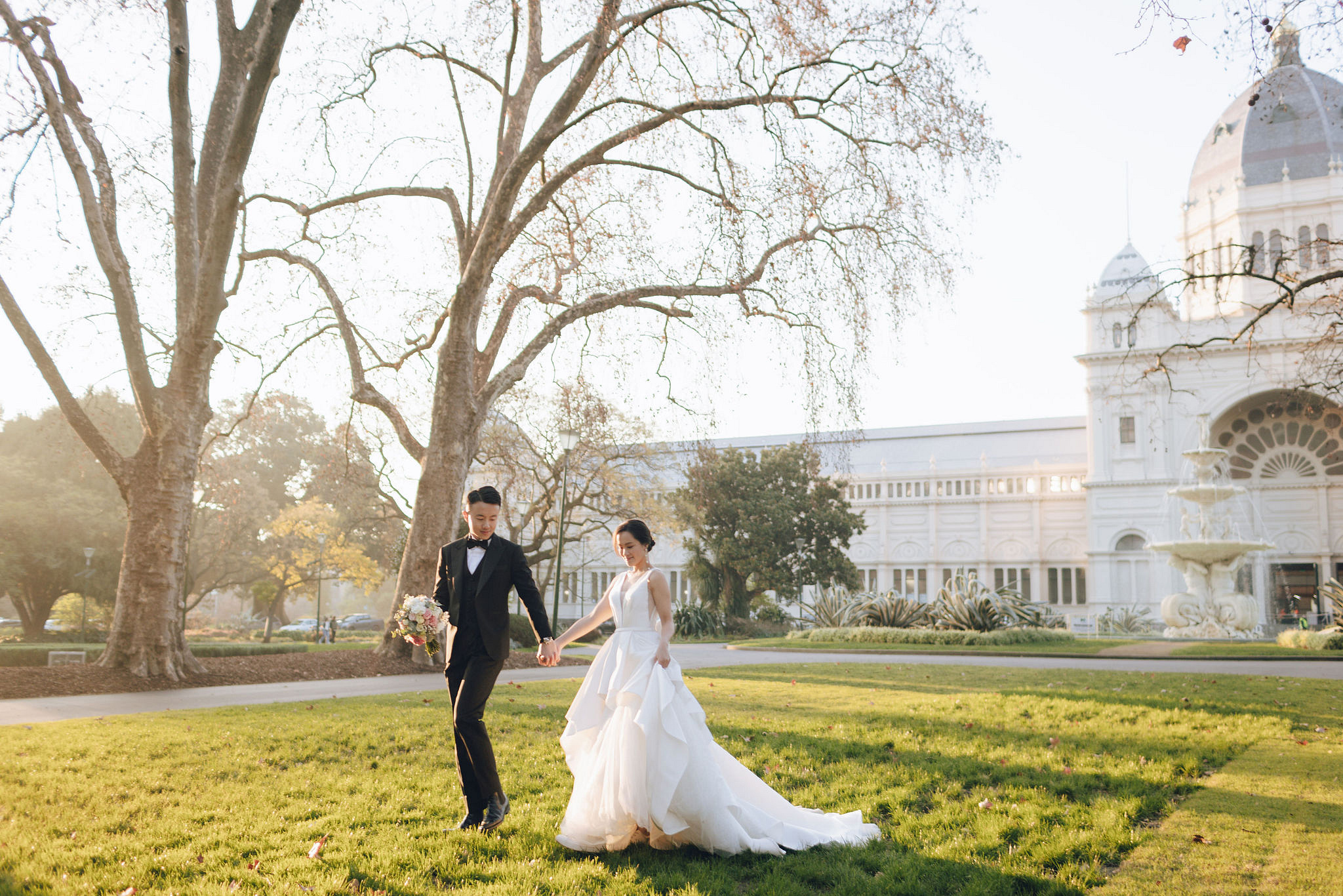 Melbourne Pre-Wedding Photoshoot | Cafe, Redwood Forest, City Streets & Carlton Gardens at Carlton Gardens pre-wedding photo
