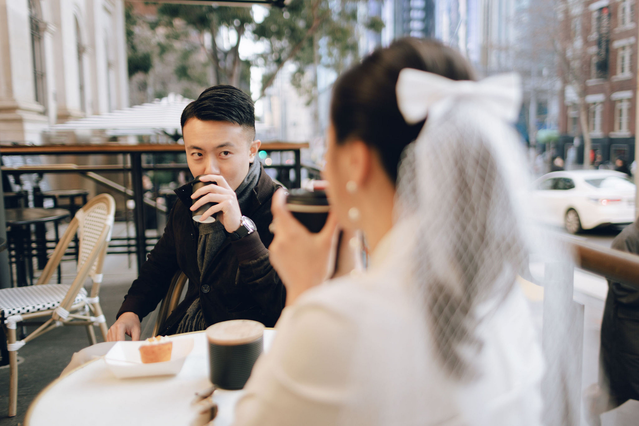 Melbourne Pre-Wedding Photoshoot | Cafe, Redwood Forest, City Streets & Carlton Gardens at City Cafe pre-wedding photo