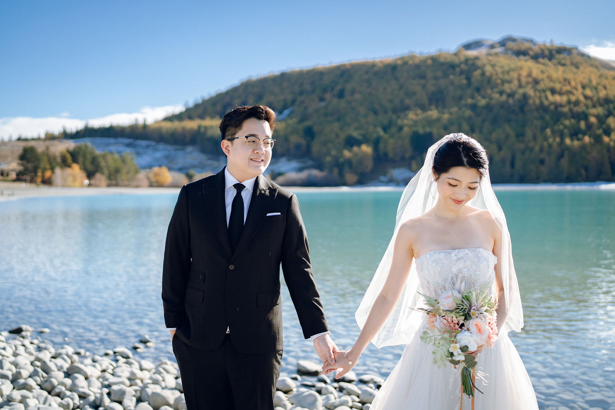 New Zealand Pre-Wedding Photoshoot | Arrowtown, Isobel Glacier, Alpaca Farm, Lake Tekapo & Mount Cook National Park at Lake Tekapo pre-wedding photo