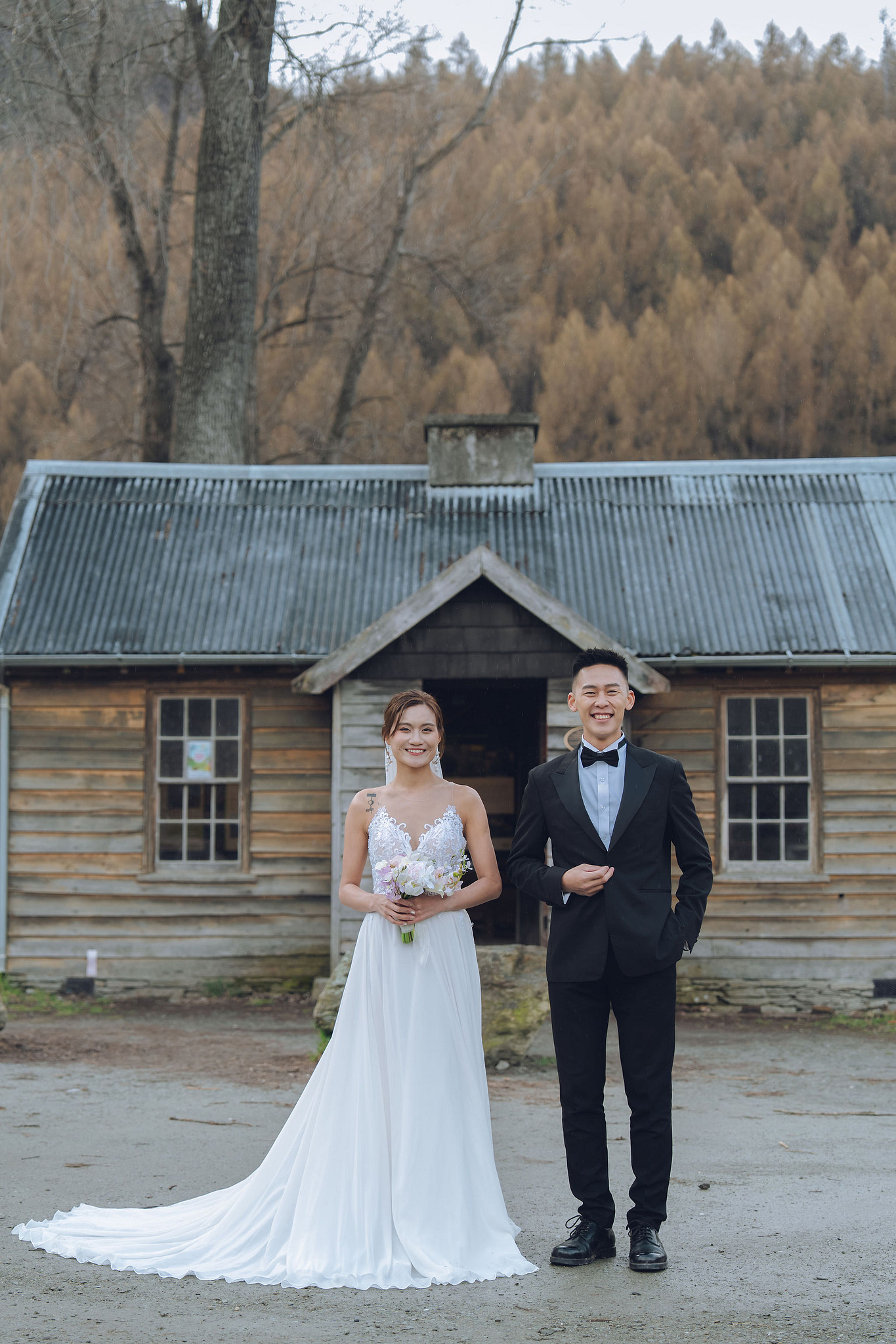New Zealand Pre-Wedding Photoshoot | Queenstown, Lake Wakatipu, Skippers Canyon & Arrowtown at Arrowtown Hut and Woods pre-wedding photo