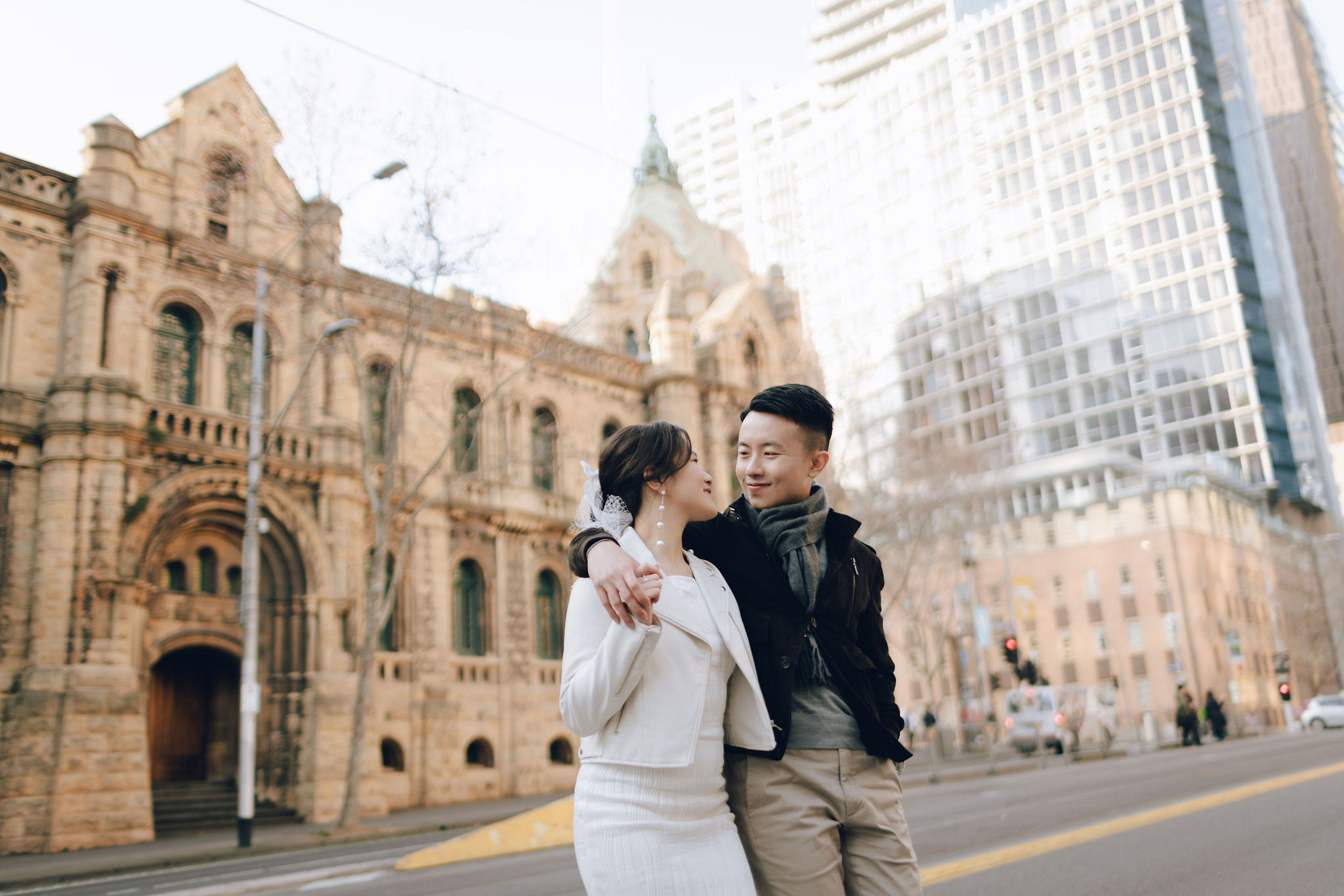 Melbourne Pre-Wedding Photoshoot | Cafe, Redwood Forest, City Streets & Carlton Gardens at Melbourne City Streets pre-wedding photo
