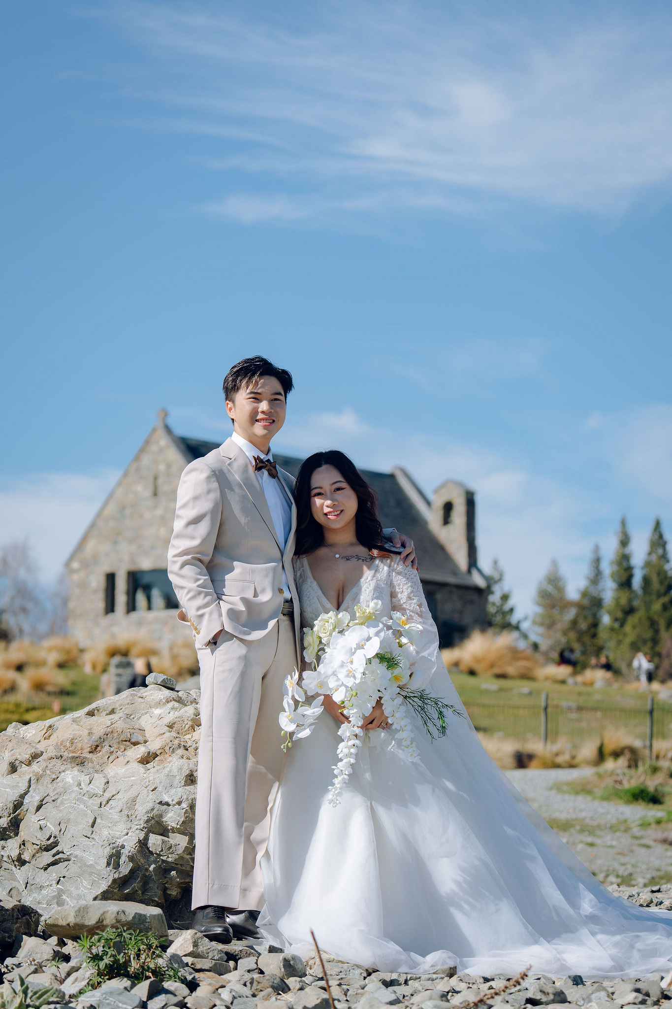 New Zealand Pre-Wedding Photoshoot | Lake Wakatipu, Alta Tarns, Coromandel Peak to Mount Cook at Church of the Good Shepherd pre-wedding photo