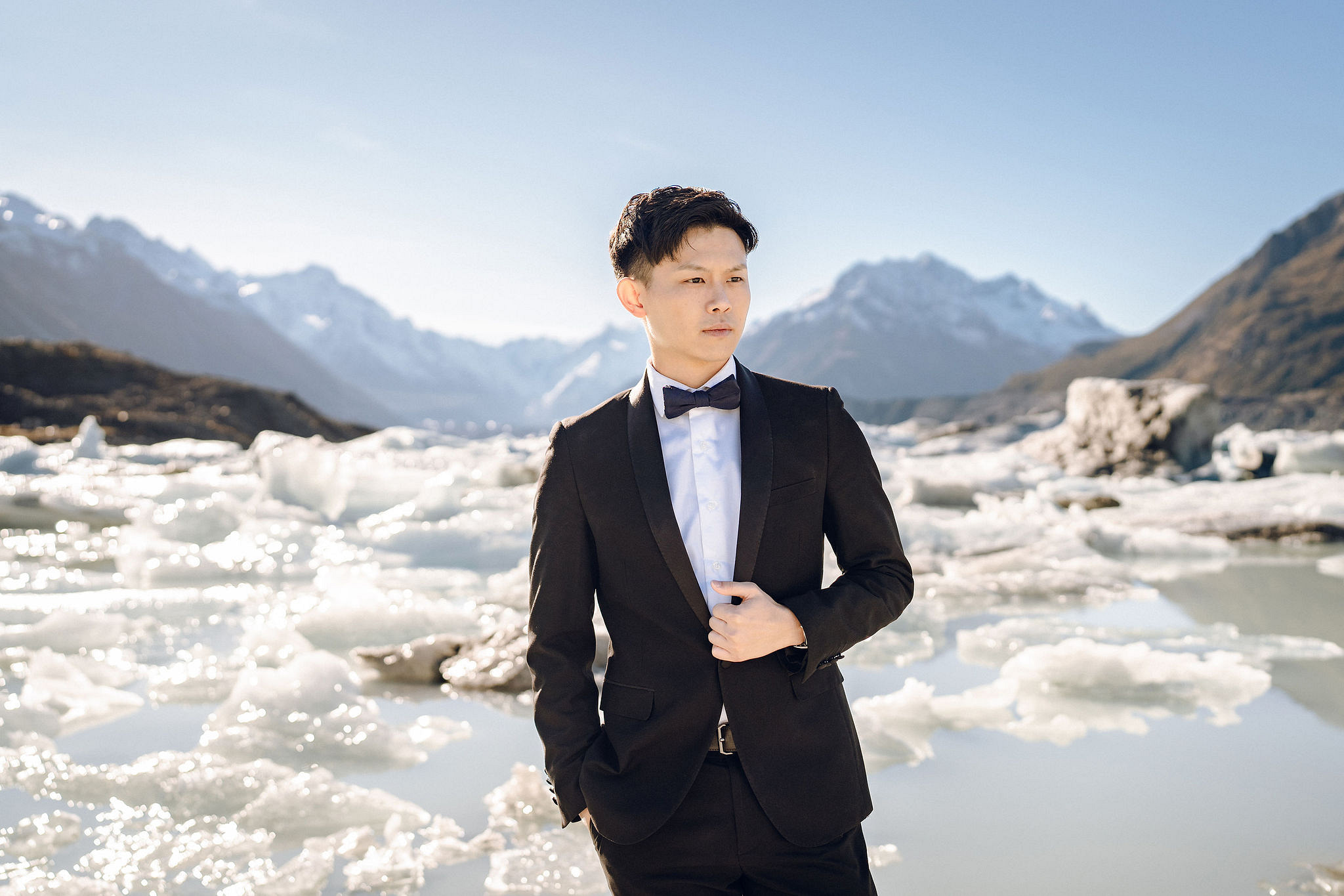 New Zealand Pre-Wedding Photoshoot | Alpaca Farm, Mt John, Lake Tekapo, Mount Cook National Park, Glacier Lake & Omarama Clay Cliffs at Lake Tekapo, Mount Cook National Park & Glacier Lake pre-wedding photo