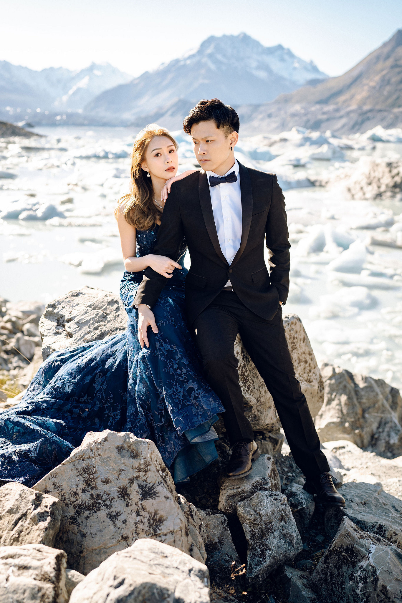 New Zealand Pre-Wedding Photoshoot | Alpaca Farm, Mt John, Lake Tekapo, Mount Cook National Park, Glacier Lake & Omarama Clay Cliffs at Lake Tekapo, Mount Cook National Park & Glacier Lake pre-wedding photo