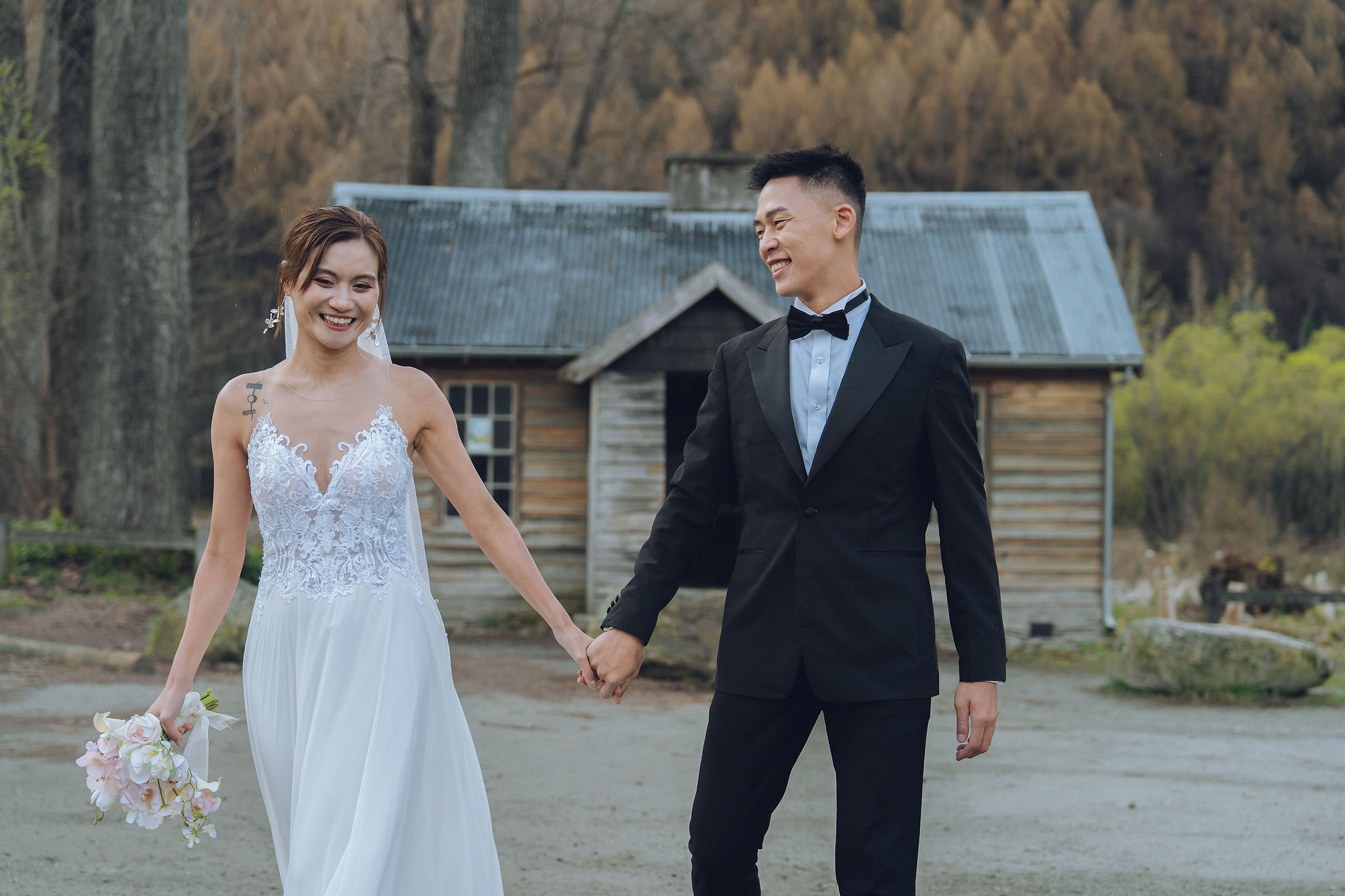 New Zealand Pre-Wedding Photoshoot | Queenstown, Lake Wakatipu, Skippers Canyon & Arrowtown at Arrowtown Hut and Woods pre-wedding photo