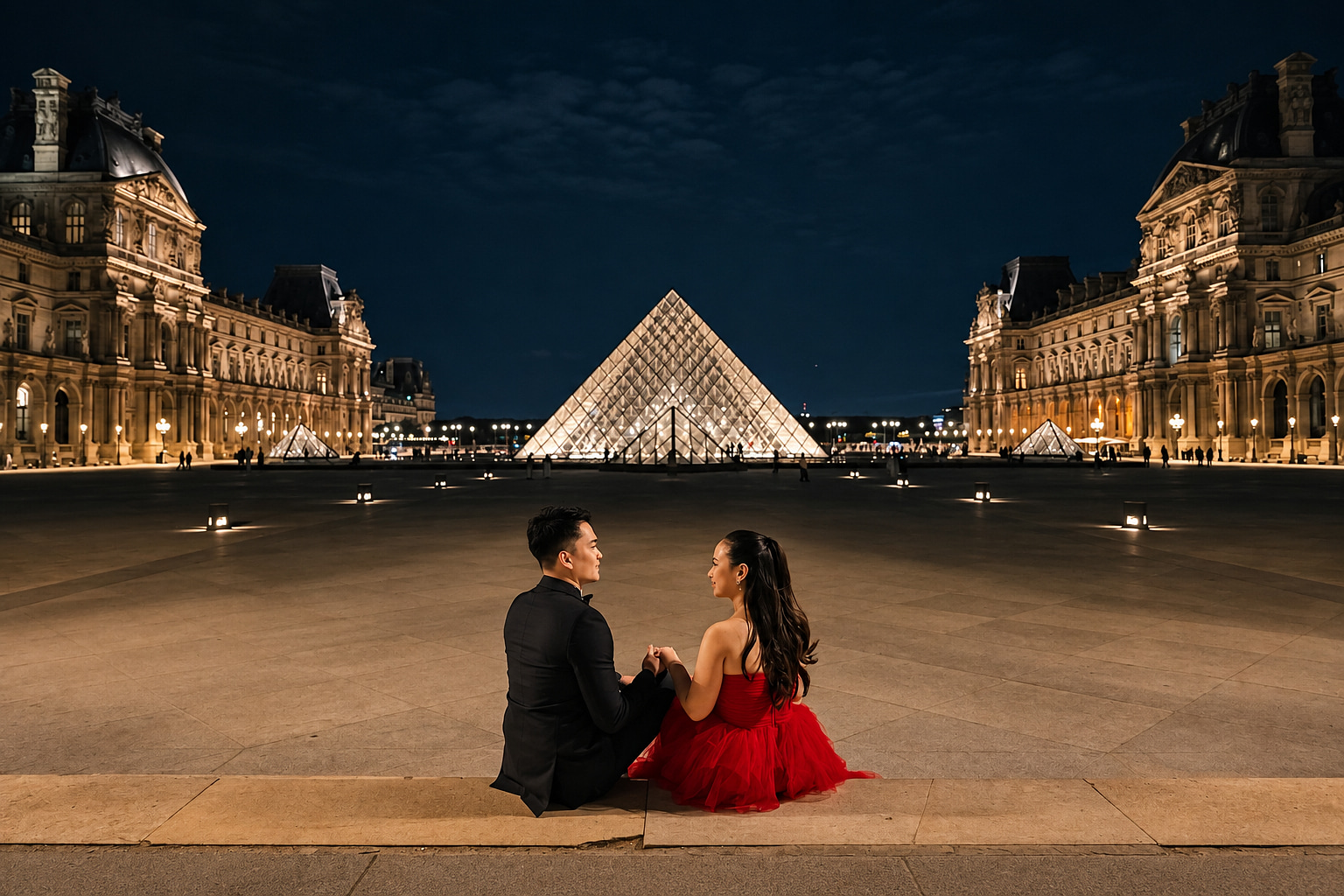 Paris Pre-Wedding Photoshoot | Trocadéro, Vintage Car, Parisian Café, Paris Rooftop & Louvre at Louvre pre-wedding photo