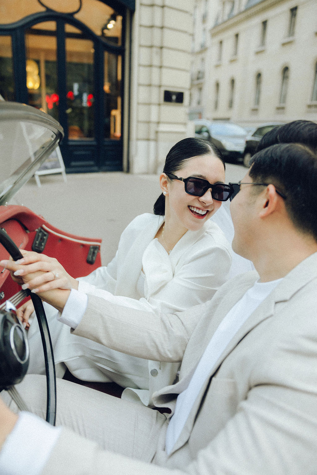 Paris Pre-Wedding Photoshoot with Eiﬀel Tower Louvre Museum Parisian Cafe Vintage Car Rooftop Night at Parisian Streets pre-wedding photo