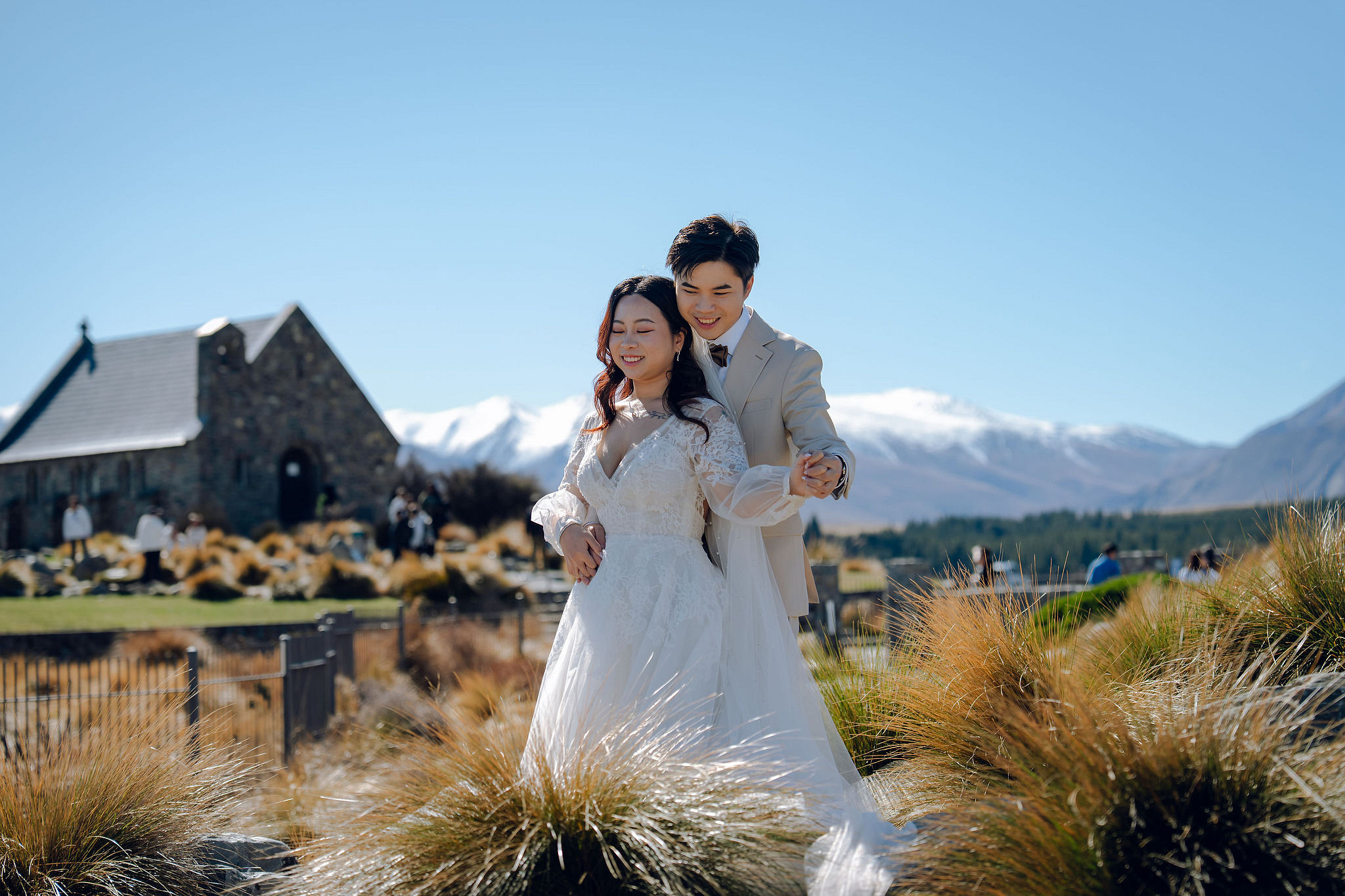 New Zealand Pre-Wedding Photoshoot | Lake Wakatipu, Alta Tarns, Coromandel Peak to Mount Cook at Church of the Good Shepherd pre-wedding photo
