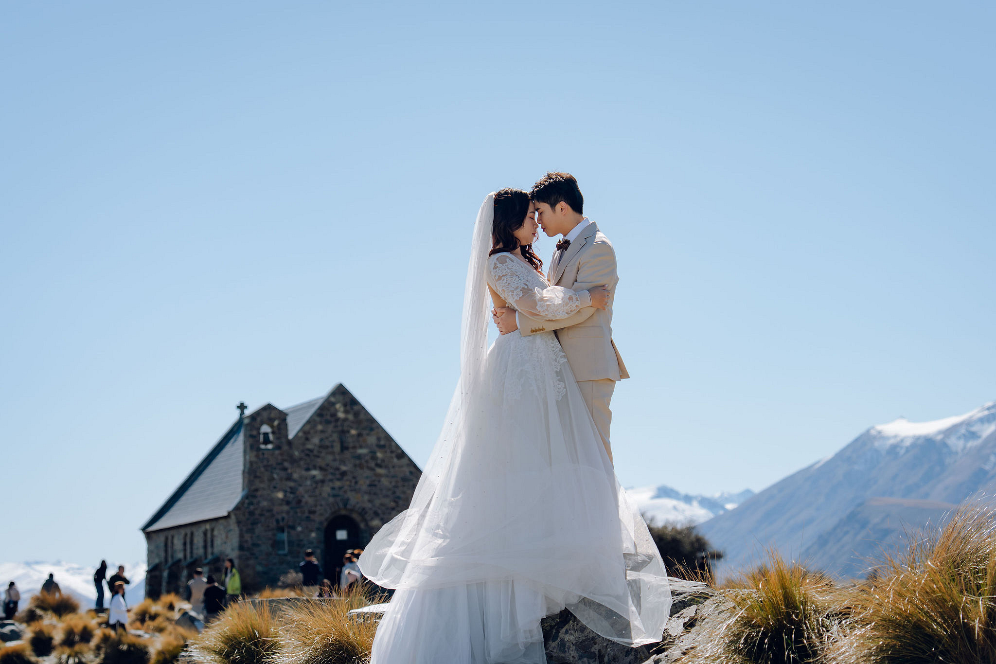New Zealand Pre-Wedding Photoshoot | Lake Wakatipu, Alta Tarns, Coromandel Peak to Mount Cook at Church of the Good Shepherd pre-wedding photo