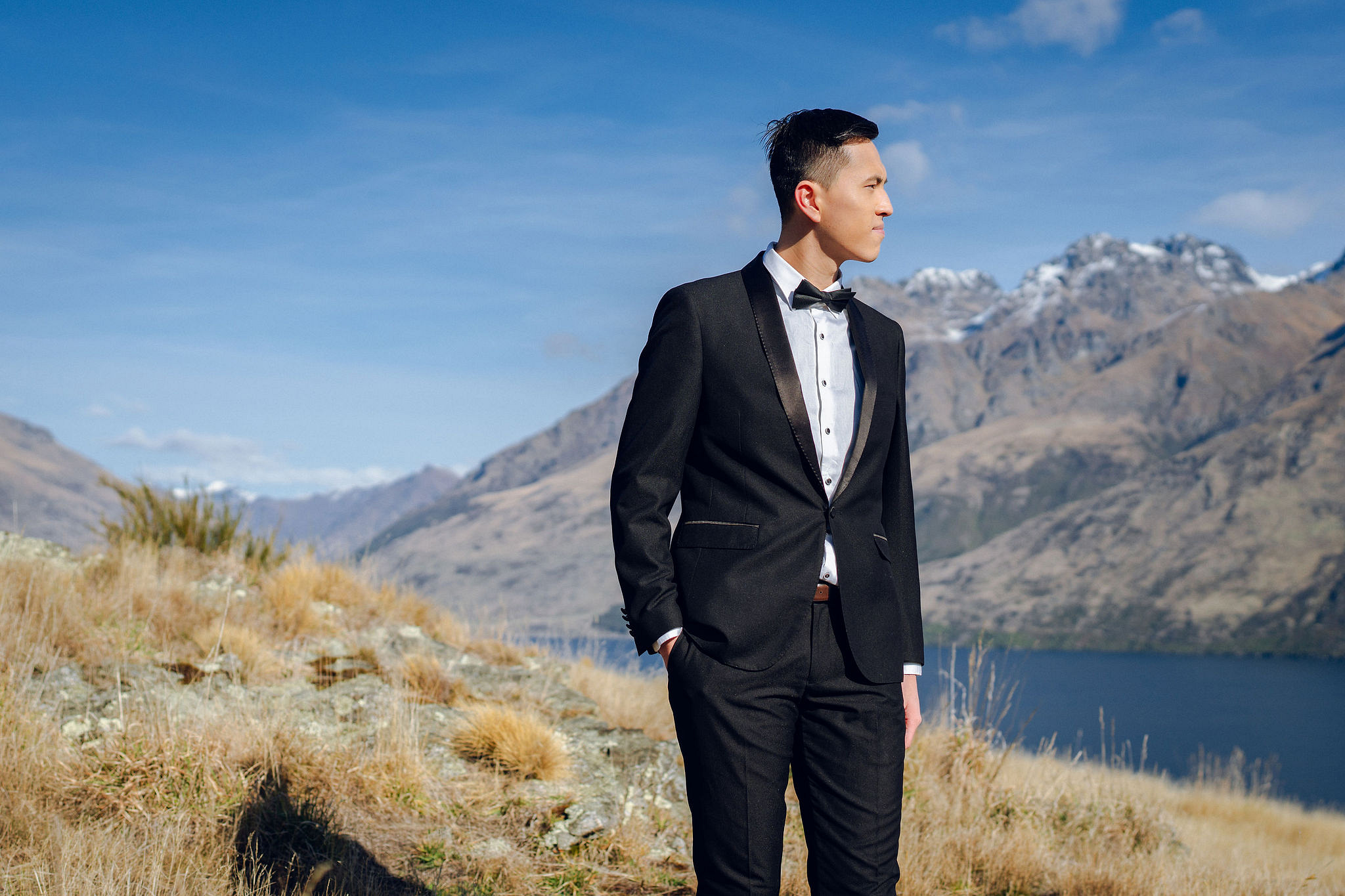 New Zealand Pre-Wedding Photoshoot with Lake Wakatipu, Skippers Canyon, Lake Tekapo, Mount Cook, and Omarama Clay Cliffs at Lake Wakatipu pre-wedding photo