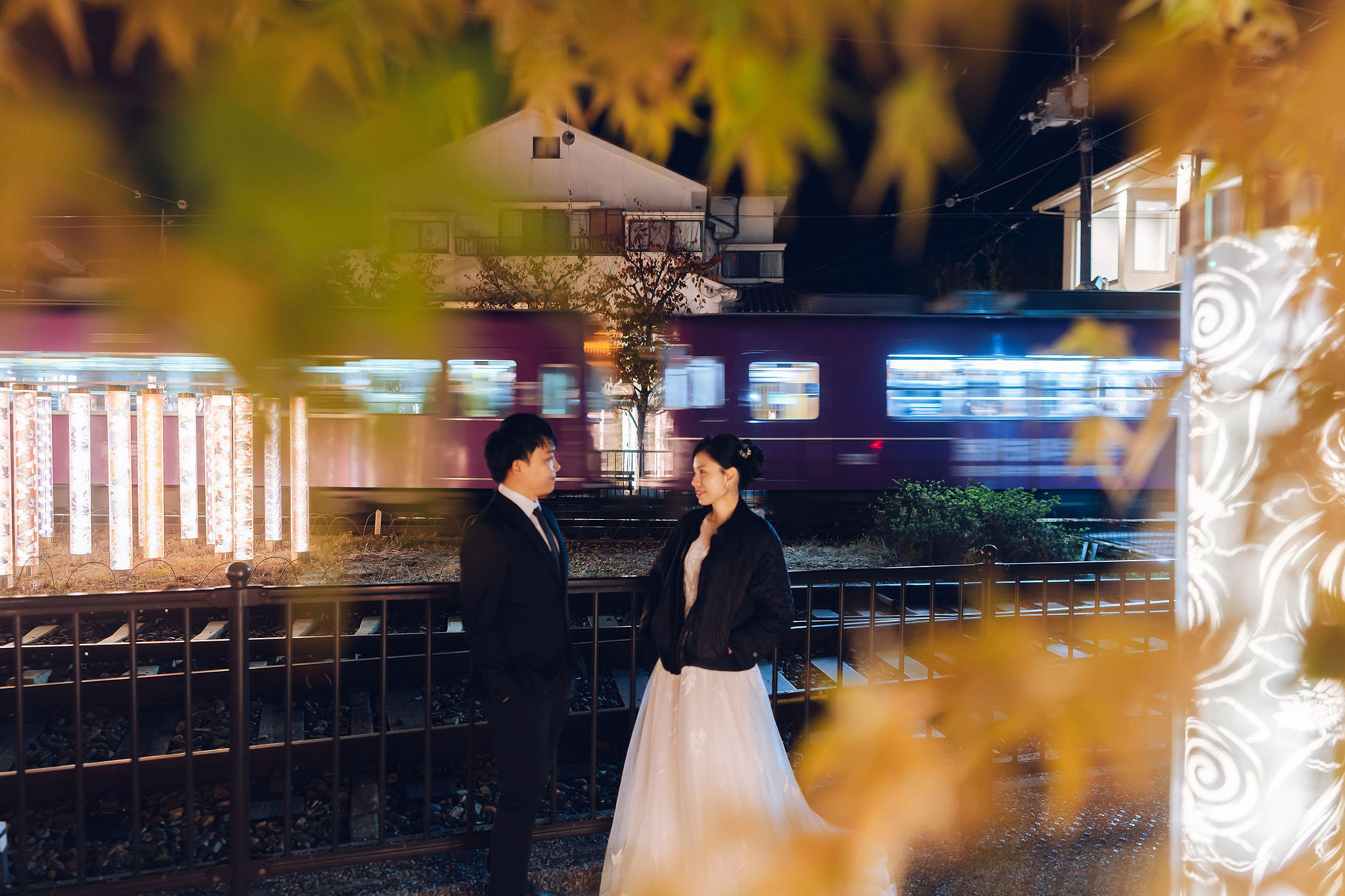 Kyoto Pre-Wedding Photoshoot | Traditional Higashiyama, Arashiyama Hills & Nighttime Railway at Nighttime Railway Crossing pre-wedding photo