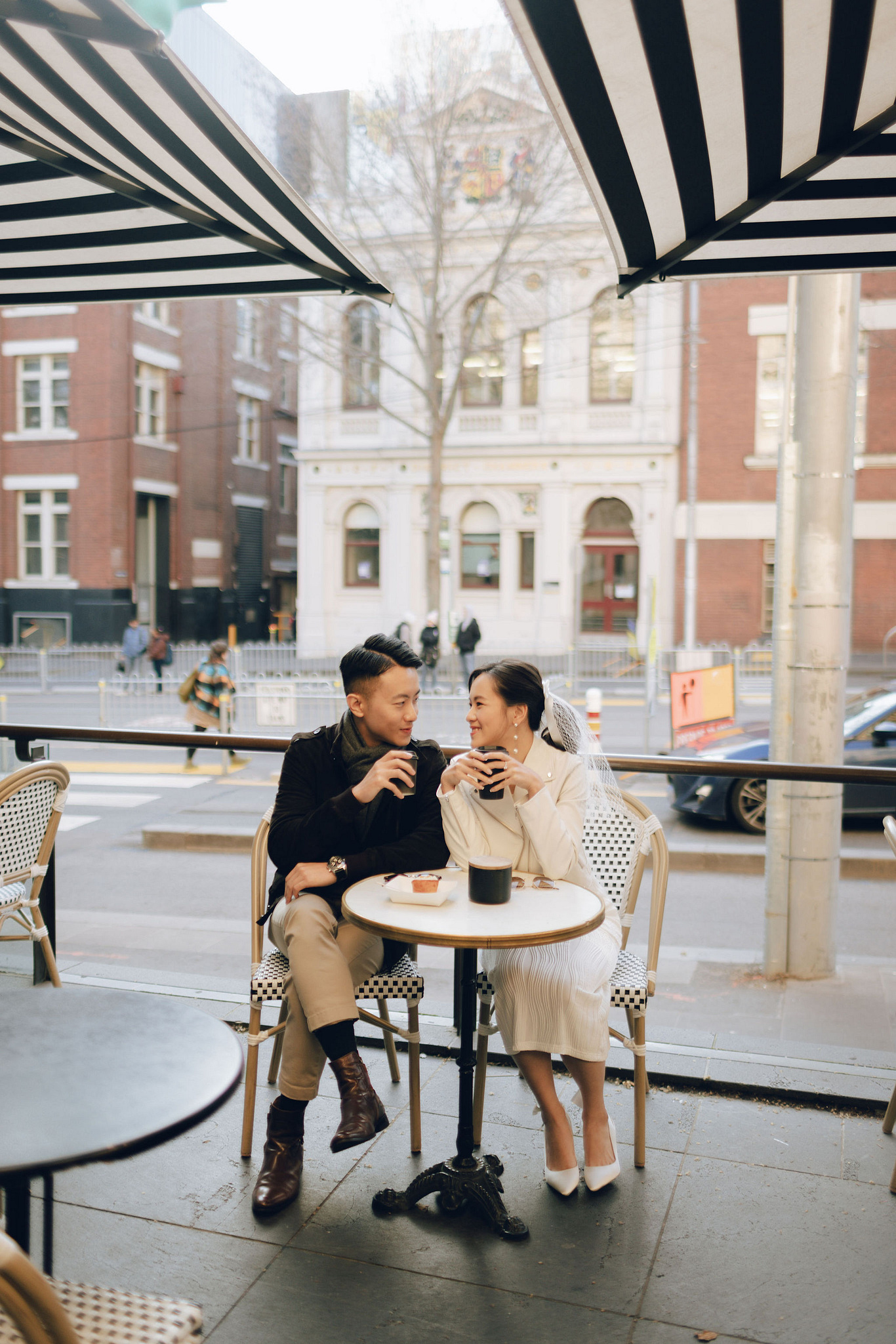 Melbourne Pre-Wedding Photoshoot | Cafe, Redwood Forest, City Streets & Carlton Gardens at City Cafe pre-wedding photo