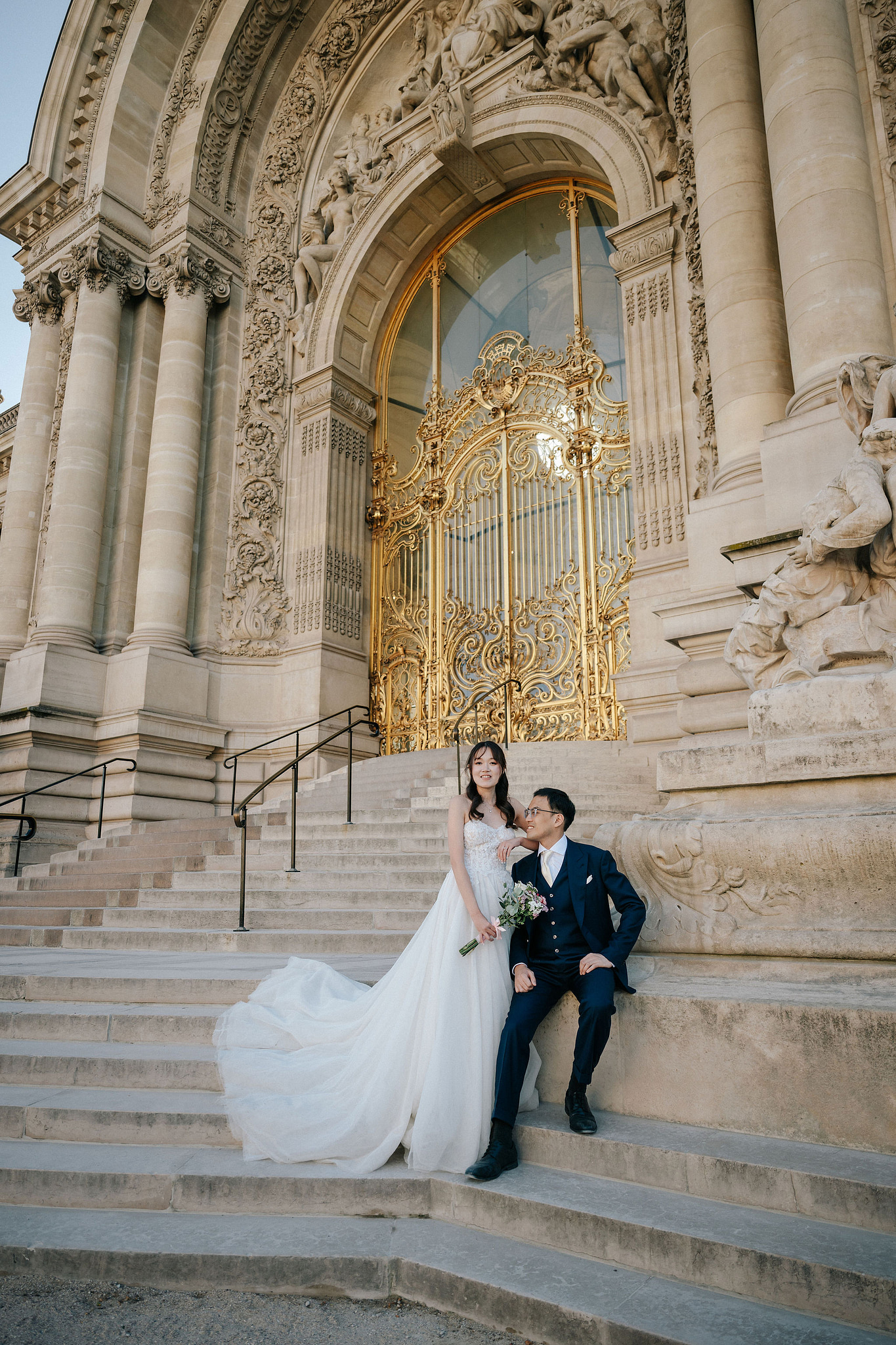 Paris Pre-Wedding Photoshoot | Place du Trocadéro, Port Debilly, Petit Palais, Pont Alexandre III, Parisian Café & Louvre Pyramid at Petit Palais pre-wedding photo