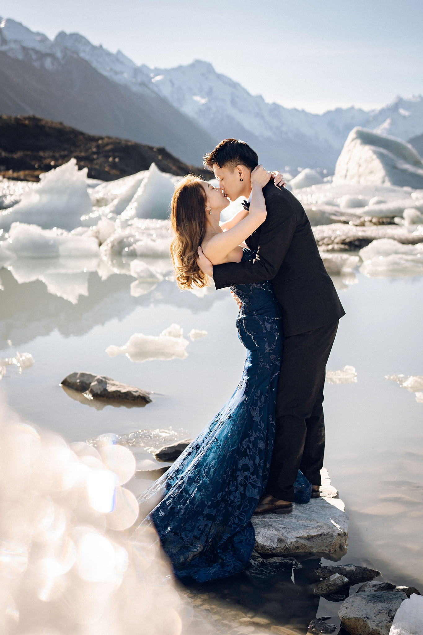 New Zealand Pre-Wedding Photoshoot | Alpaca Farm, Mt John, Lake Tekapo, Mount Cook National Park, Glacier Lake & Omarama Clay Cliffs at Lake Tekapo, Mount Cook National Park & Glacier Lake pre-wedding photo