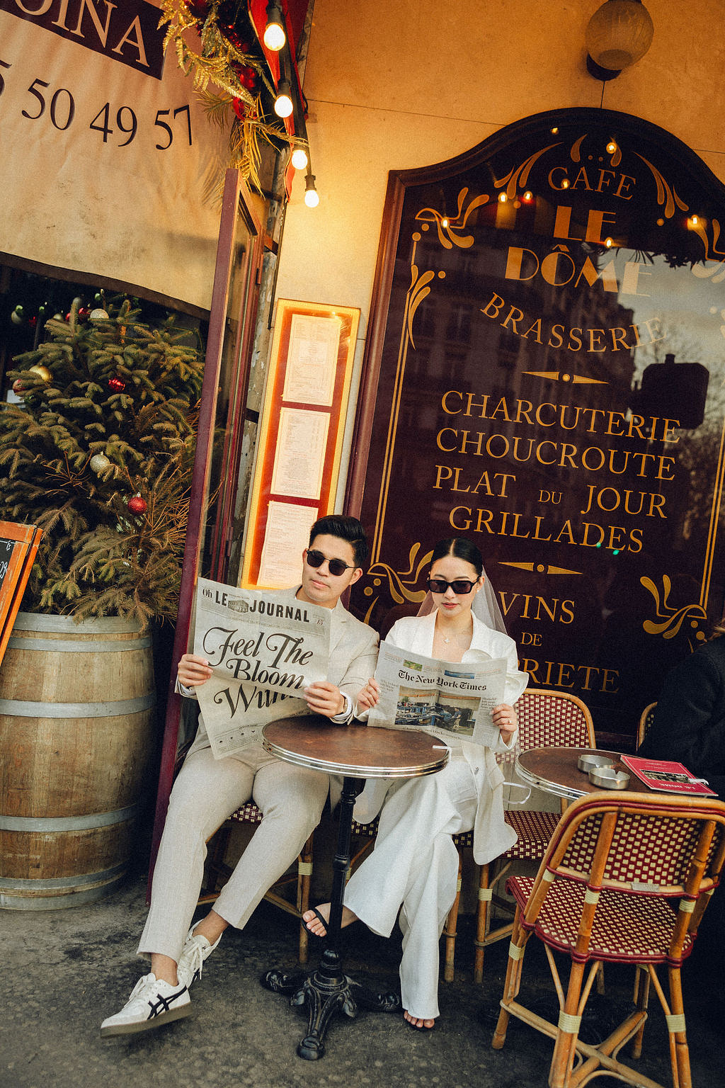 Paris Pre-Wedding Photoshoot with Eiﬀel Tower Louvre Museum Parisian Cafe Vintage Car Rooftop Night at Parisian Café pre-wedding photo