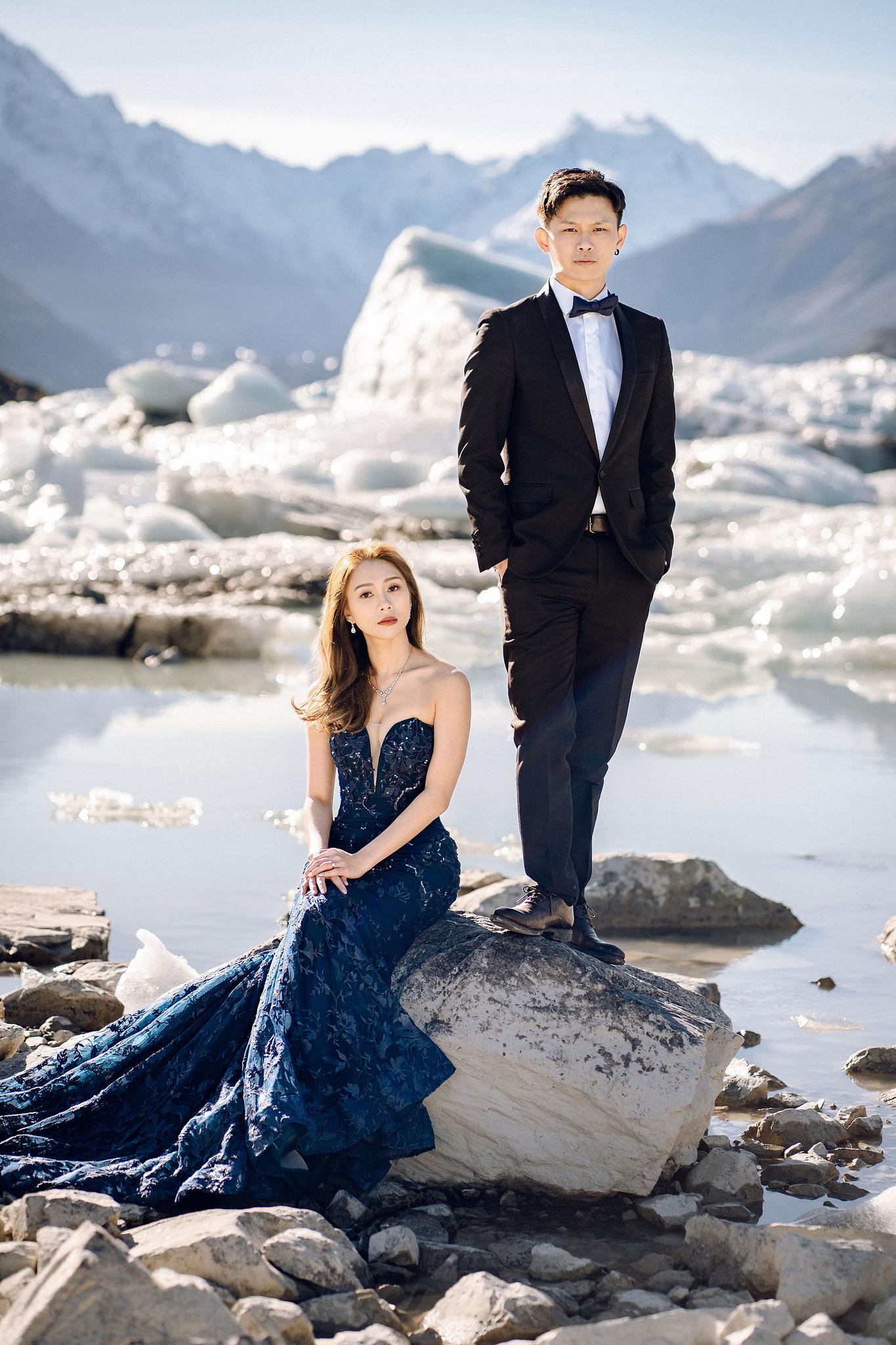New Zealand Pre-Wedding Photoshoot | Alpaca Farm, Mt John, Lake Tekapo, Mount Cook National Park, Glacier Lake & Omarama Clay Cliffs at Lake Tekapo, Mount Cook National Park & Glacier Lake pre-wedding photo