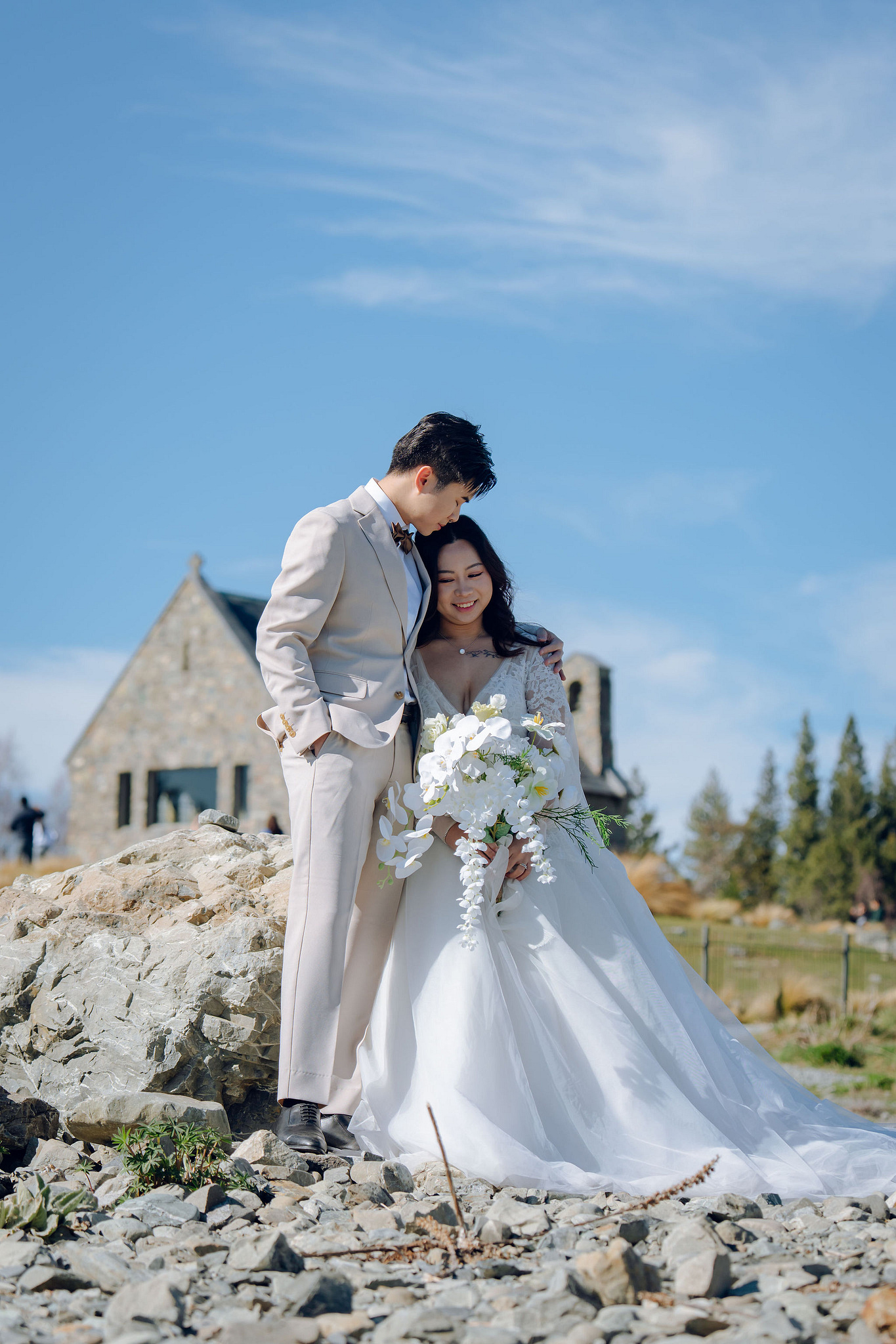 New Zealand Pre-Wedding Photoshoot | Lake Wakatipu, Alta Tarns, Coromandel Peak to Mount Cook at Church of the Good Shepherd pre-wedding photo