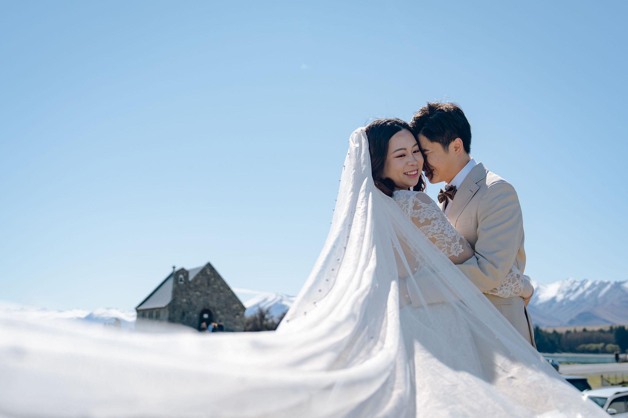 New Zealand Pre-Wedding Photoshoot | Lake Wakatipu, Alta Tarns, Coromandel Peak to Mount Cook at Church of the Good Shepherd pre-wedding photo